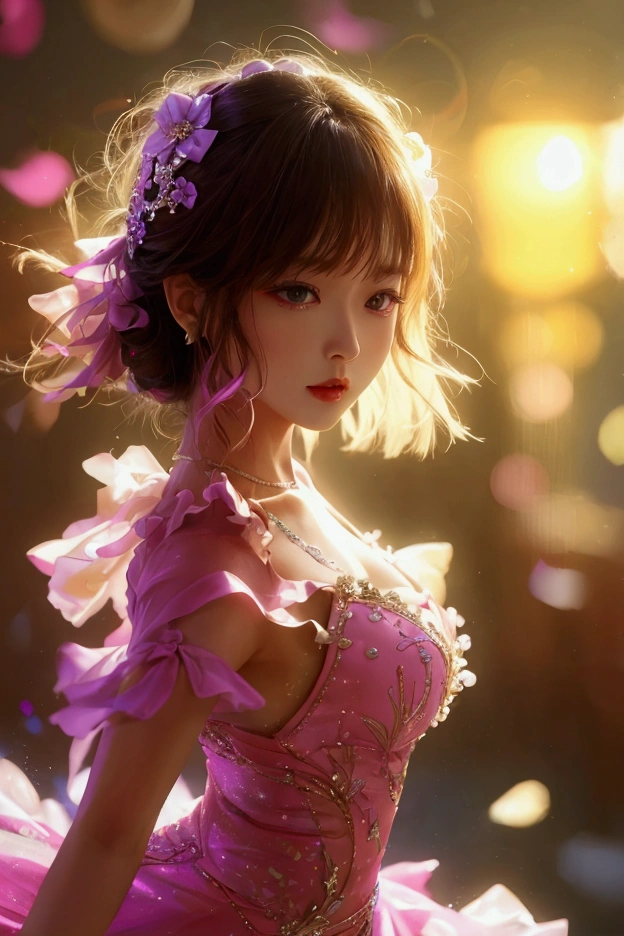best quality, masterpiece, highres, 1girl, china dress, hair ornament, necklace, jewelry, Beautiful face, Glow skin, upon_body, tyndall effect, photorealistic, dark studio, rim lighting, two tone lighting, (high detailed skin:1.2), 8k uhd, dslr, soft lighting, high quality, volumetric lighting, candid, Photograph, high resolution, 4k, 8k, Bokeh, light brown hair color, massive breasts, light pink lips,