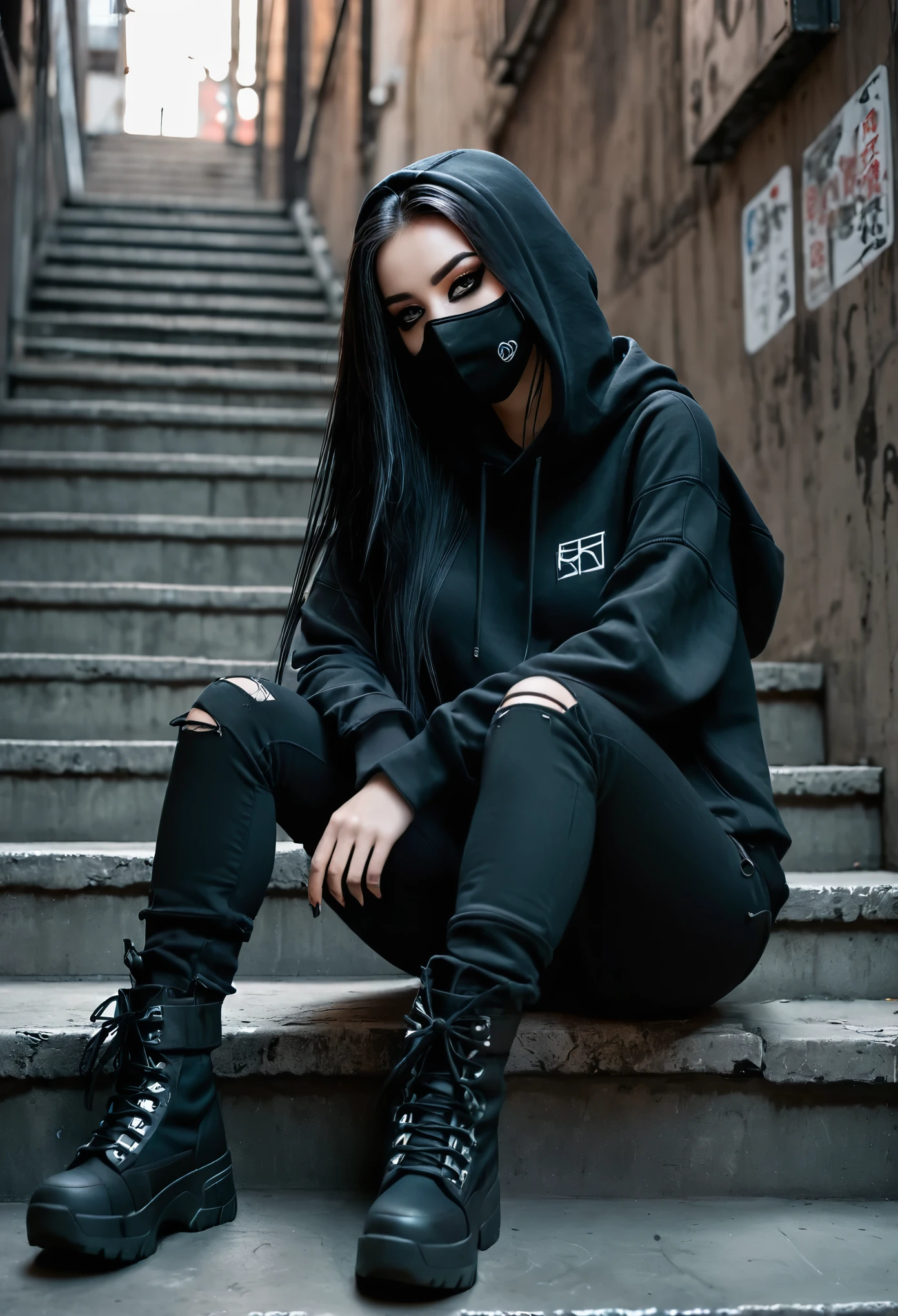 dark gothic,streetwear, anime girl, black hoodie, face mask, long dark hair, sitting on stairs, urban alley background, tactical boots, dystopian vibe, casual yet edgy, cyberpunk atmosphere, minimalist color scheme, mysterious expression, grunge aesthetic, urban decay, subtle lighting, detailed shadows, cool and relaxed pose, cityscape wires, muted tones