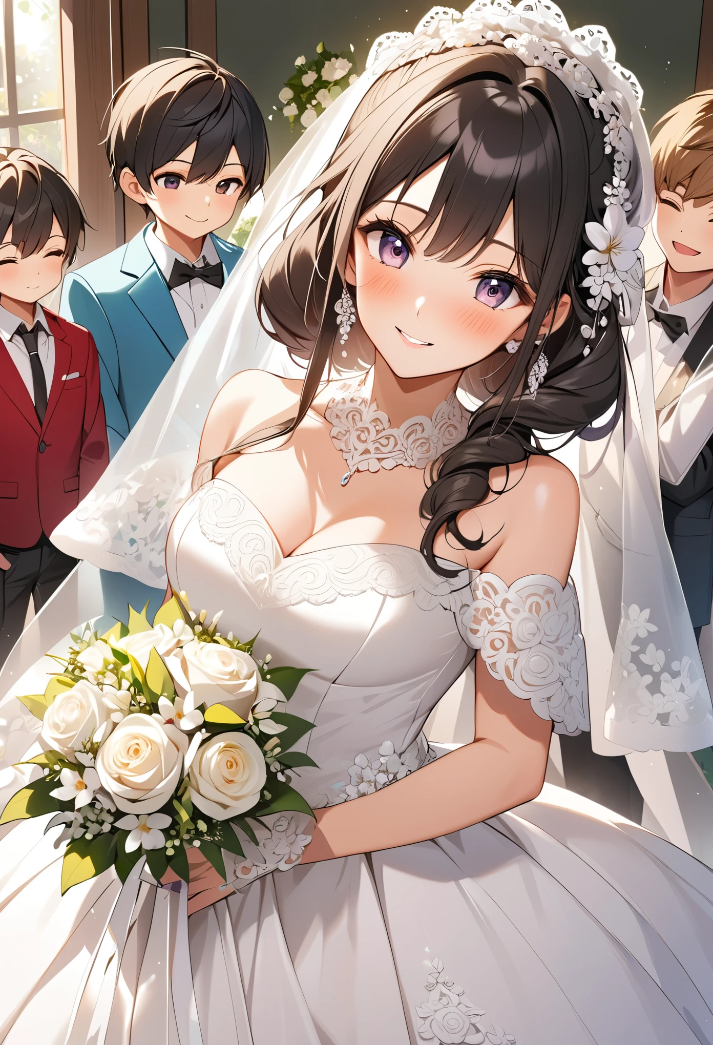  1 girl,Girl is bride , the girl is the mom of 5 boys ,Girl&#39;s beautiful flowing hair, beautiful detailed eyes, perfect body , perfect face, semi-long hair, the beautiful Japanese mom from the 40 year old anime,Glamorous reception party 