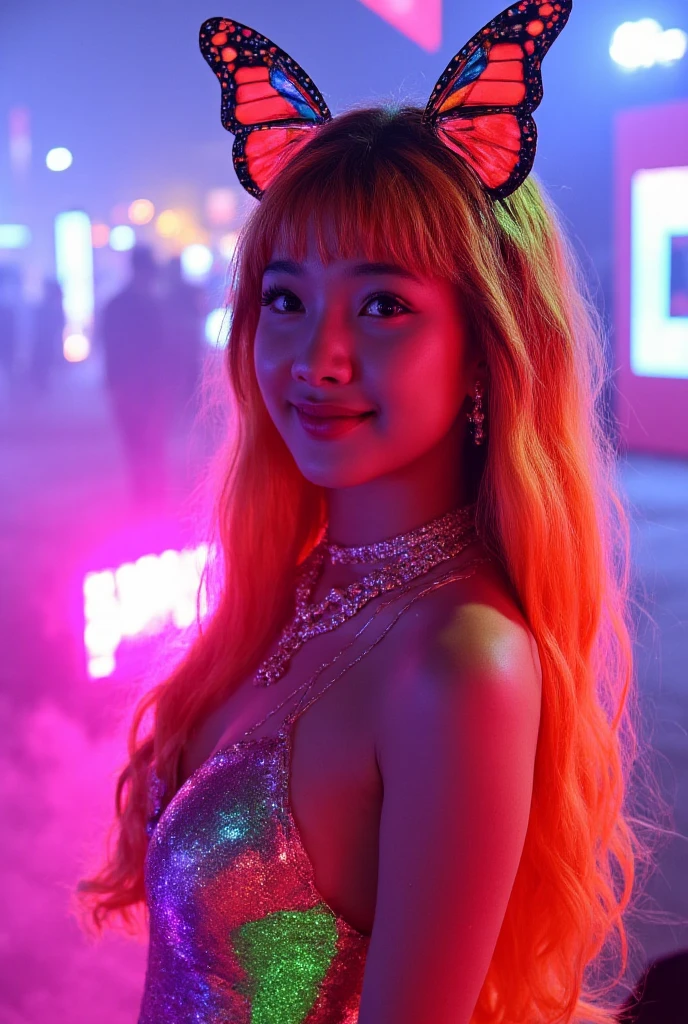 blond woman in a furry hat and dress at a festival, girl with cat ears at a rave, doja cat, a person at a music festival, with a weird hat, festival vibes, sha xi, rave girl, wearing a chocker and cute hat, gorgeous lady, raver girl, bold rave outfit, with long white hair, glowy, rave outfit , blackpink Jennie , Korean famele face , Asian face , cute Korean face , blackpink lisa