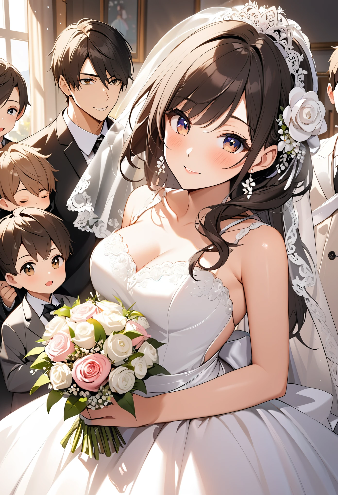  1 girl,Girl is bride , the girl is the mom of 5 boys ,Girl&#39;s beautiful flowing hair, beautiful detailed eyes, perfect body , perfect face, semi-long hair, the beautiful Japanese mom from the 40 year old anime,Glamorous reception party 