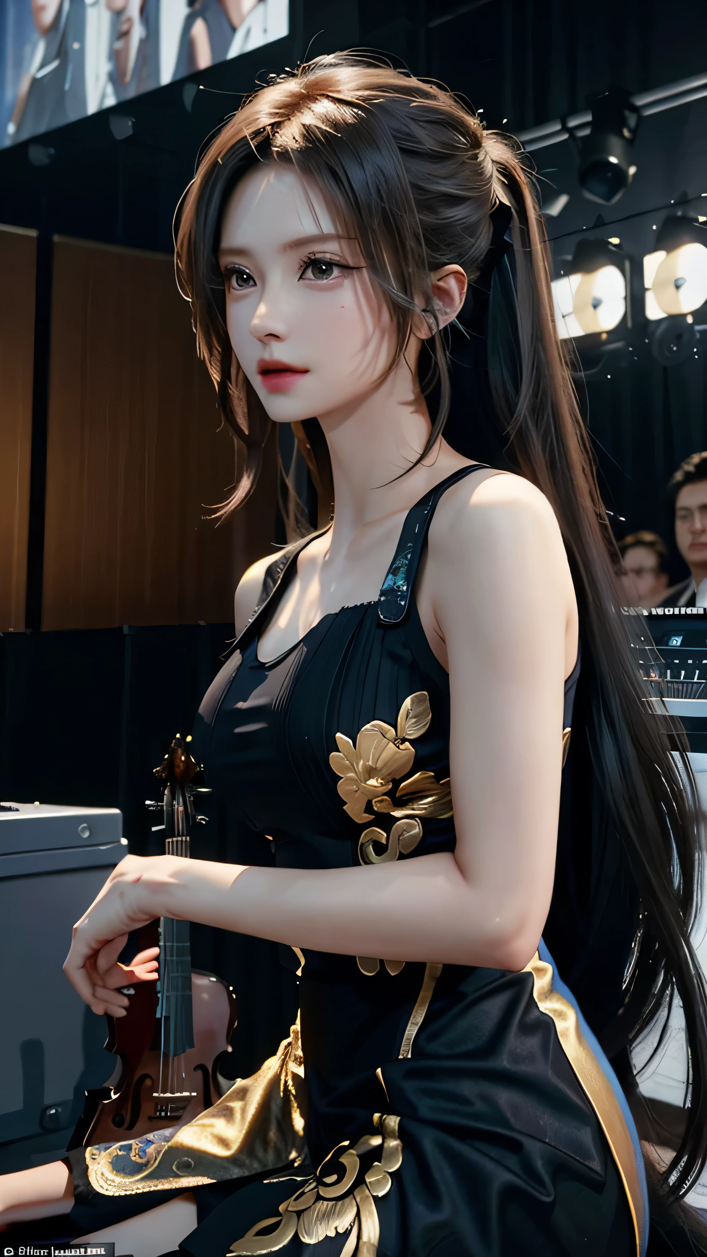 (masterpiece:1.2, best quality), 1lady, solo, Musician, Musical attire, Recording studio, Composing music, Performing live, Collaborating with other musicians,