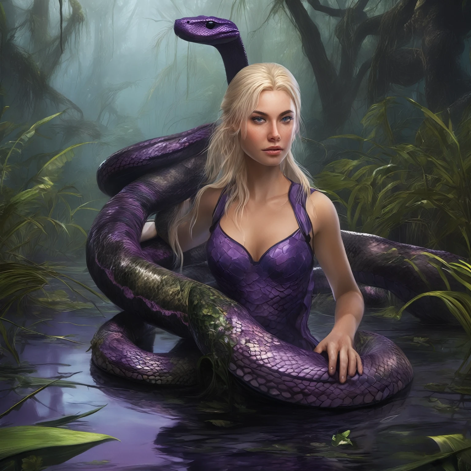 Create a highly detailed image of a 23-year-old woman with light blonde hair, looking directly at the viewer, movingin a thick swamp. Her skin is enhanced to look more animal-like, resembling a purple and black snake with even more realistic animal features such as textured scales, prominent claws, and a distinctly reptilian tail. The skin appears wet, reflecting the swampy environment. The setting includes dense fog, lush vegetation, and black sludge on the ground