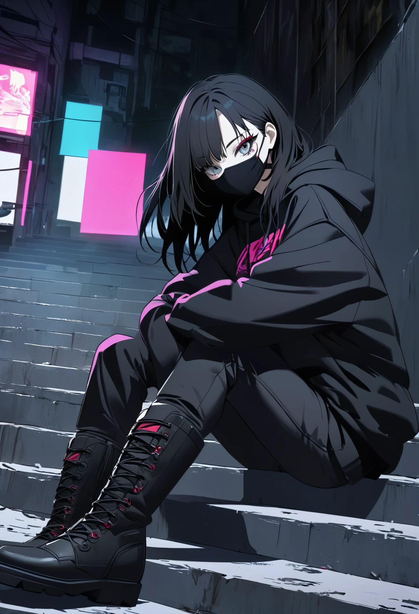 dark streetwear, anime girl, black hoodie, face mask, long dark hair, sitting on stairs, urban alley background, tactical boots, dystopian vibe, casual yet edgy, cyberpunk atmosphere, minimalist color scheme, mysterious expression, grunge aesthetic, urban decay, subtle lighting, detailed shadows, cool and relaxed pose, cityscape wires, muted tones