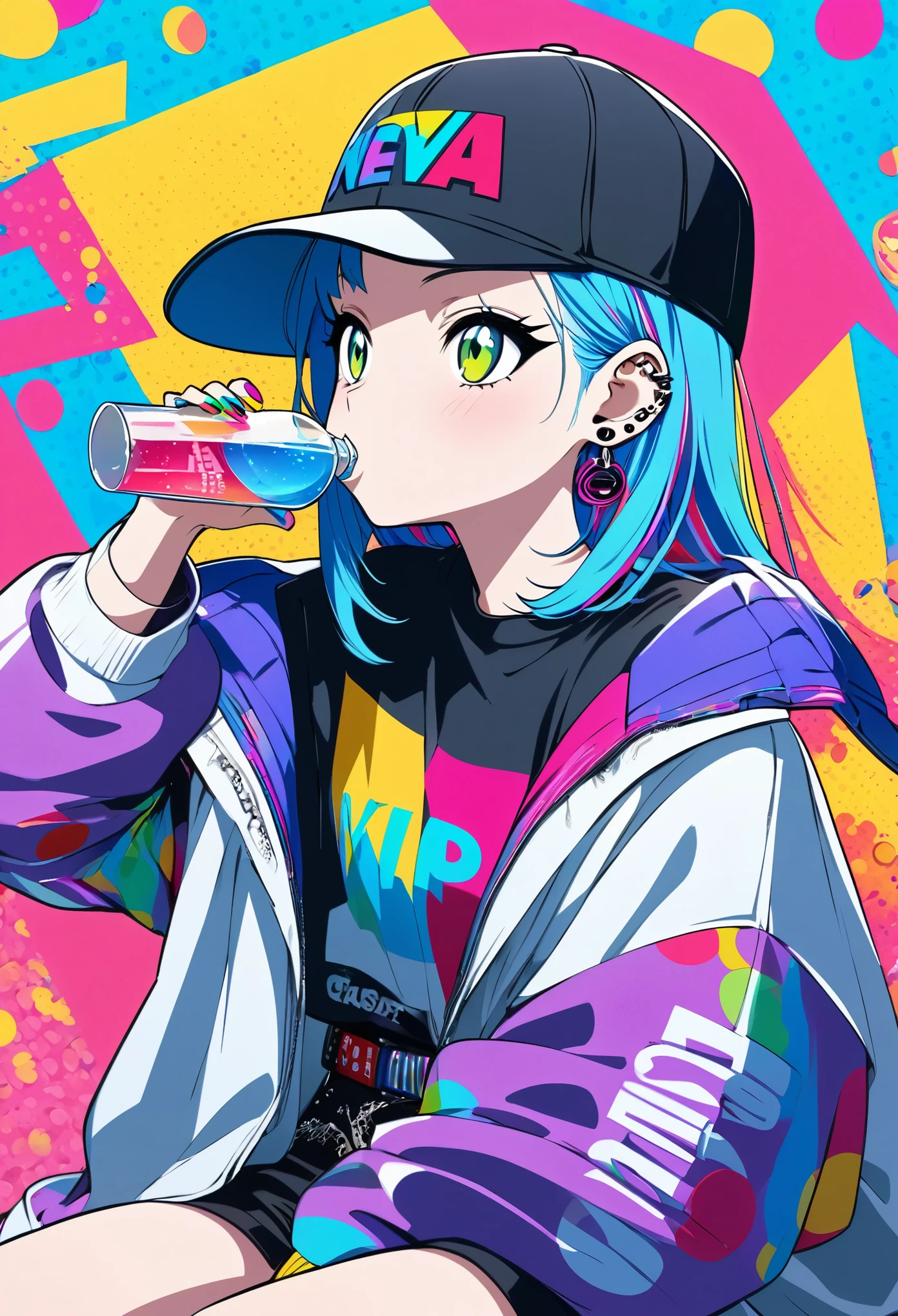 anime girl, pop art, colorful polka dot background,
bold graphic text, vivid blue hair,baseball cap, casual streetwear, oversized jacket, drinking from glass, sitting pose, minimalistic background, gothic vibe, multiple earrings, relaxed expression, multi vivid color nails, subtle lighting, modern urban style, edgy fashion, 