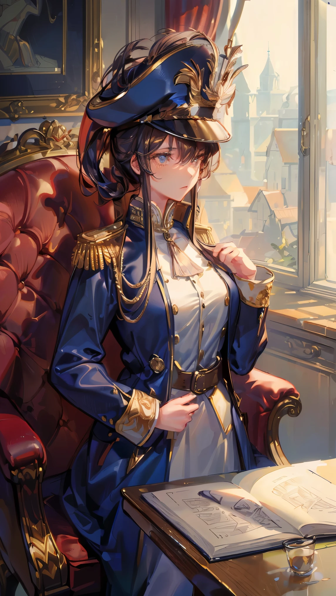 (((Best quality, 8k, Masterpiece: 1.3)), ((best quality)), ((masterpiece)), (detailed), perfect face, perfect body, (detailed skin:1.3), (intricate details), A woman in her twenties wears a military uniform inspired by Napoleon-era design. She has a commanding presence, with a tailored navy blue coat adorned with gold embroidery and brass buttons, along with epaulettes on her shoulders. She wears a tall, bicorne hat angled on her head, enhancing the historical feel. Her expression is serious and focused, and she stands with her hands clasped behind her back, exuding confidence and authority. In the background, there is a dimly lit room with old maps and a large wooden table, adding to the historical and regal atmosphere.