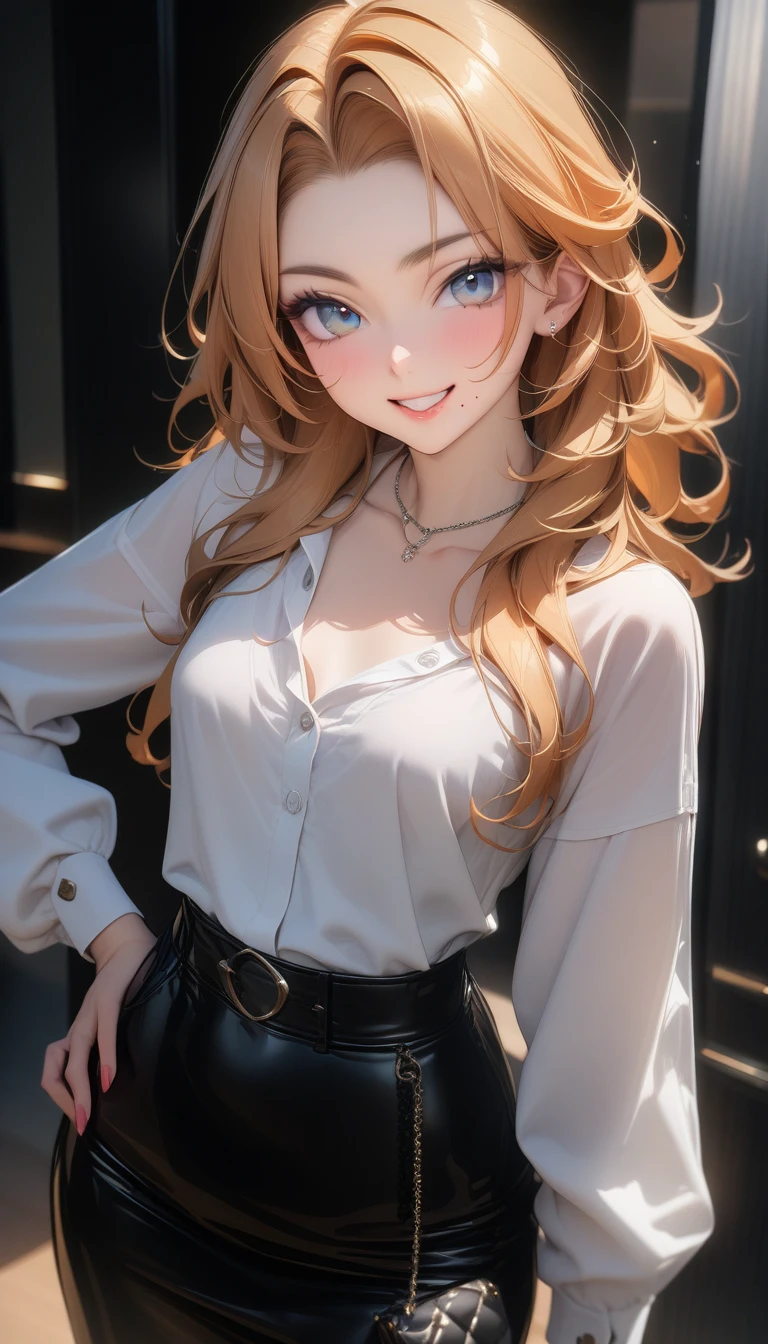 ((最high quality, 8k, masterpiece)), High resolution、（high quality: 1.5）、Very detailed、Detailed face、Bright colors、Natural light、Fine grain、Colorful eyes、Beautiful Face、Highly detailed face texture of a woman,masterpiece, 最high quality, Detailed and beautiful eyes,最high quality、Best image quality、masterpiece,girl,smile,matsumoto rangiku,orange hair,Small Breasts),grin,,white shirt,gray skirt,hand on hip,mole under mouth,Just beautiful,masterpiece,Alluring、最high quality、so beautiful,High resolution,1girl, solo,make up,smile,mature female,make,(masterpiece:1.2)、(最high quality:1.2)、Latest Glossy Skin