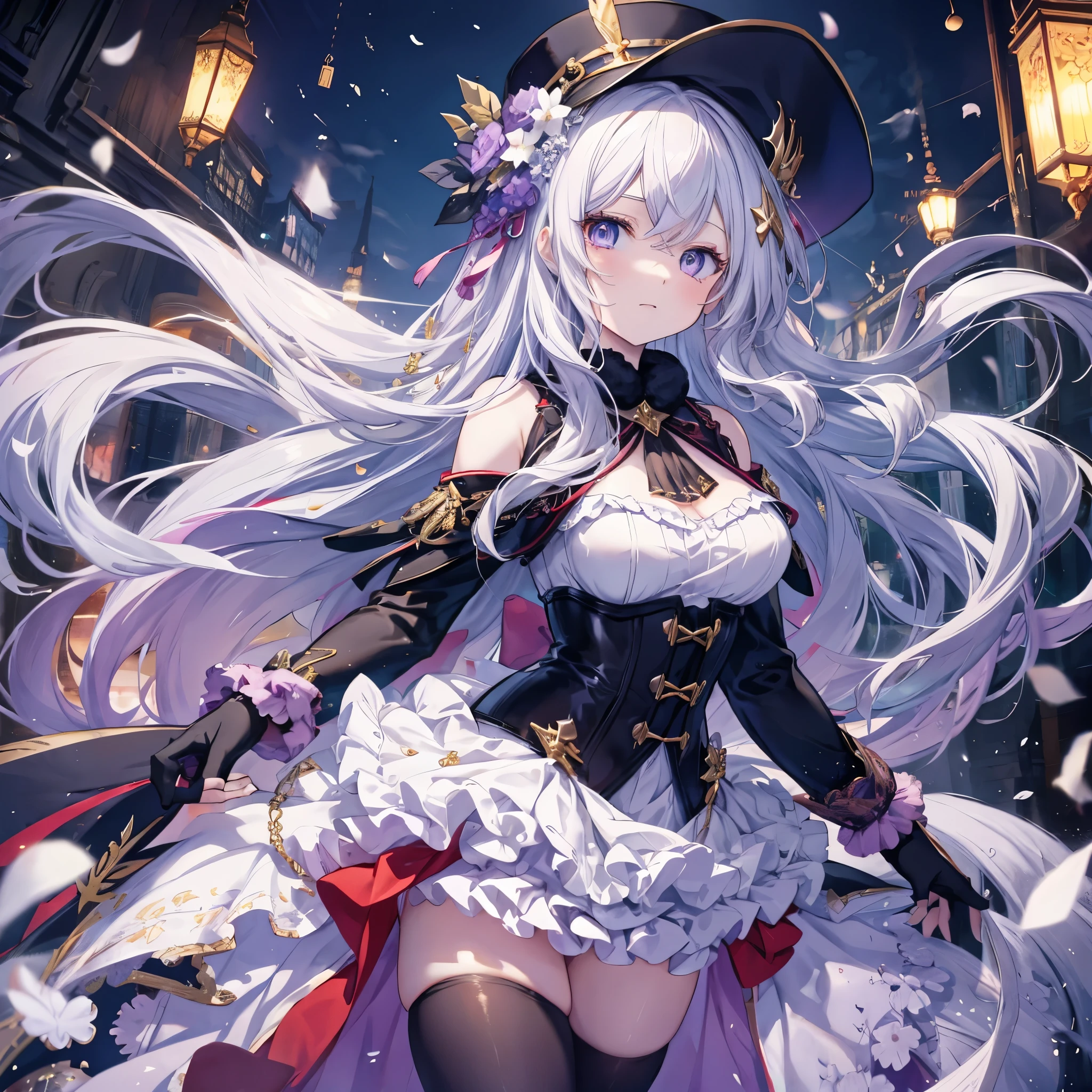 long long beautiful young woman anime style character with a design like, Her flowing silver hair and enchanting purple eyes . she wears winter-themed clothing 。Fluffy , white, a fur-lined dress and matching hat . The dress has intricate black and gold details , She also has , flared skirt showing right shoulder, and transparent long sleeves . She has black tights and a corset at the waist Please make a friendly , Warm look. The background is dark, accentuate her delicate features and elegant outfit , smaller, create a graceful effect with the drops of water floating around her .