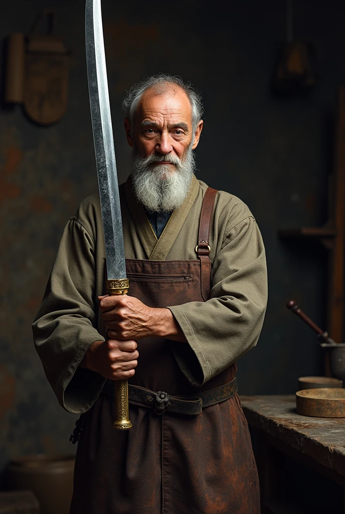 , a detailed high-definition studio photo , an elderly 14th century Asian blacksmith ,with a beard, in a dirty blacksmith's leather apron ,, hands us a wonderful katana into our camera (, holding it parallel to the ground with both hands ( a samurai katana  ( a katana of incredible workmanship , Damascus steel with a frost pattern ,  gilded on the guard and handle ,) photorealism, against the background of ancient Japanese forges of the 12th-13th century , an ancient Japanese blacksmith of the 13th century ,old Japanese Cooney hands a katana to the camera,