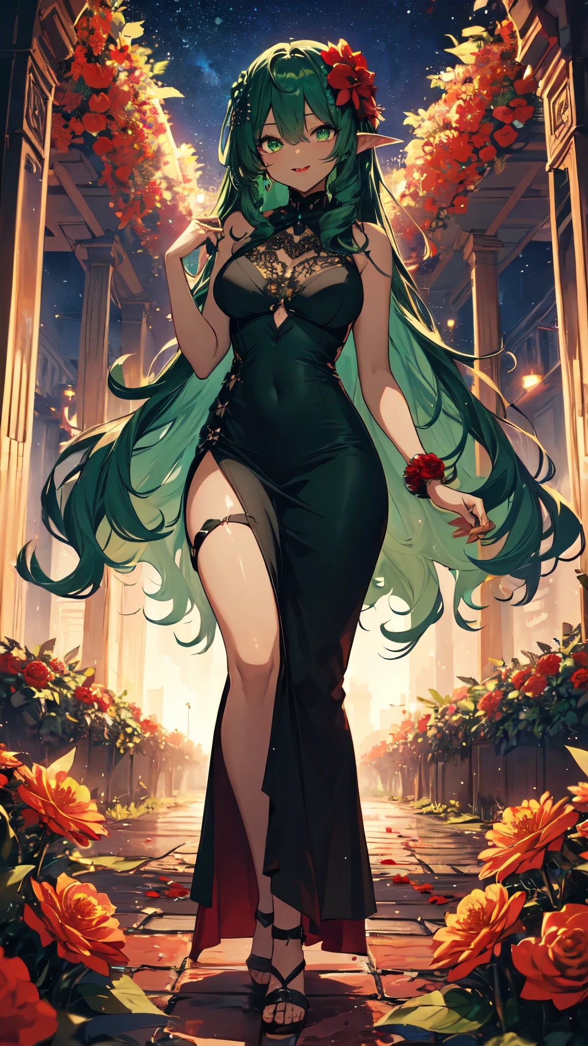 Exquisite and charming anime style illustration, Broly bat fusão com "Avril Lavigne" dark fênix in the roses black flower bed, a beautiful girl with gold red short neon short espetado hair, fine green eye, half body, hiding in the flowers dark black , colorful and dazzling black . Intricate details, rendering and painting techniques come together to create a mesmerizing scene that evokes elegance and otherworldly elegance.