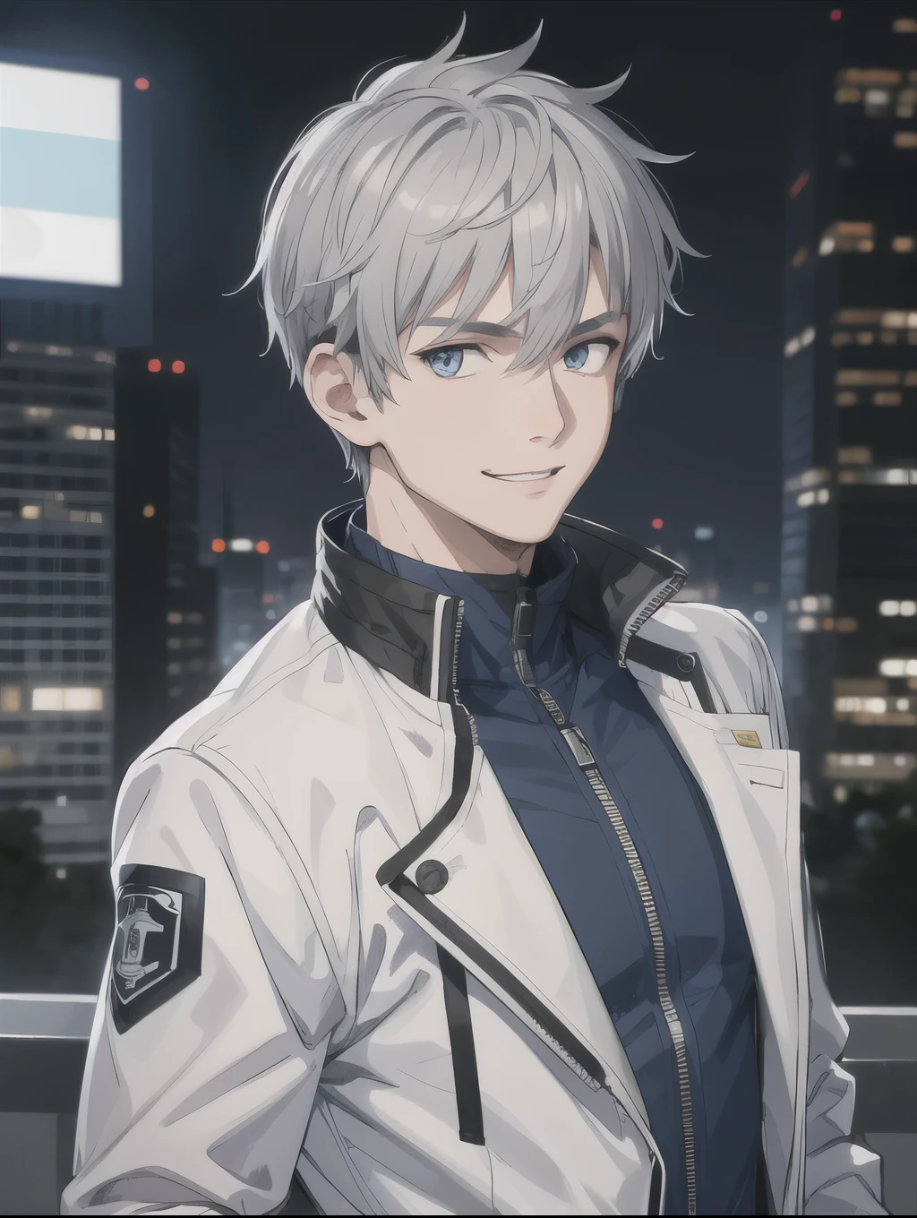 1 boy, Gray Hair, Blue and white eyes, Wear a jacket, Night City, Absurd, high res, ultra sharp , 8k, masterpiece, watching viewers . cute face. has a nice smile