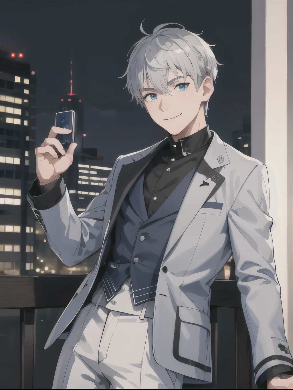 1 boy, Gray Hair, Blue and white eyes, Wear a jacket, Night City, Absurd, high res, ultra sharp , 8k, masterpiece, watching viewers . cute face. has a nice smile