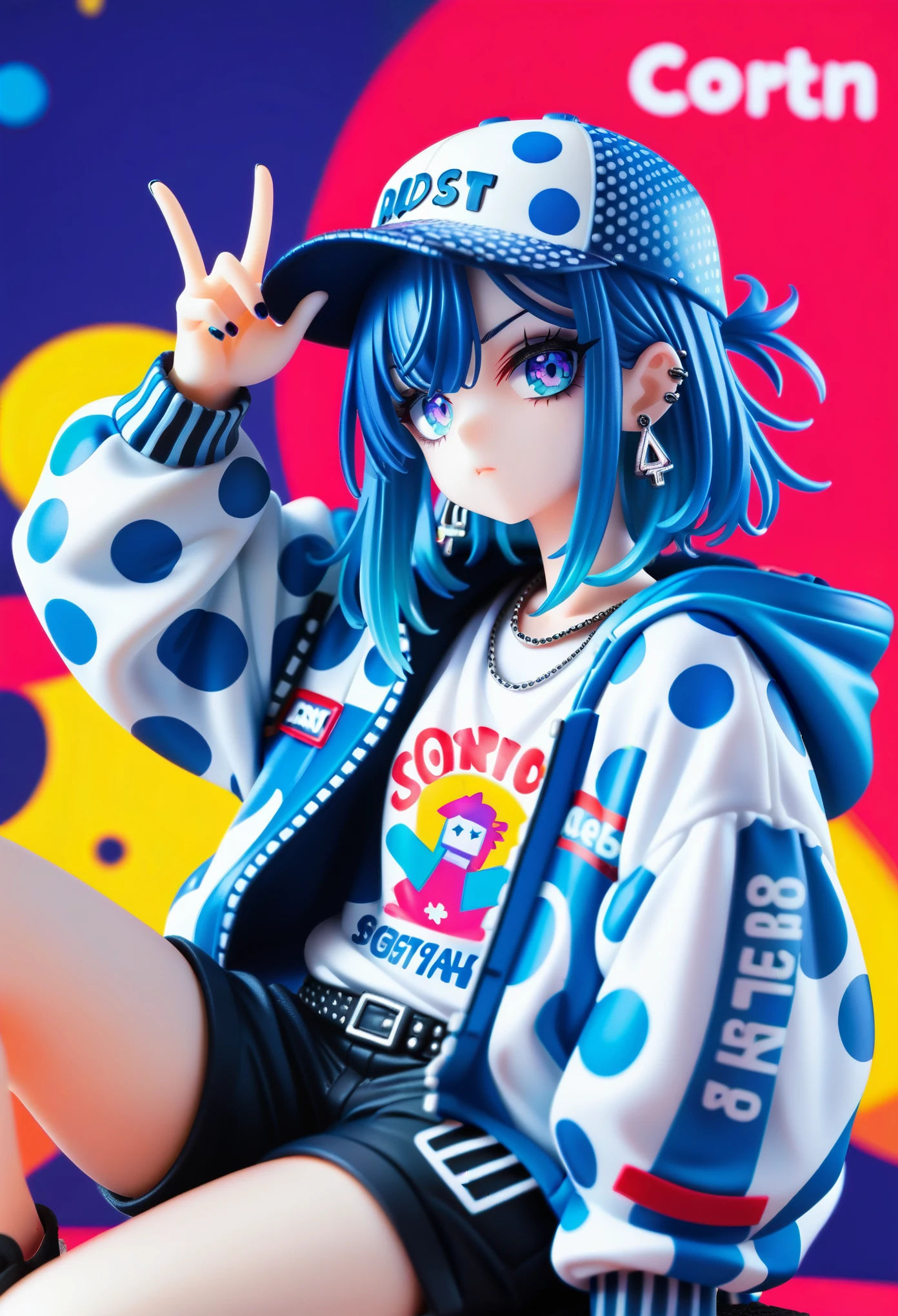 anime girl, pop art, colorful polka dot background,
bold graphic text, vivid blue hair,baseball cap, casual streetwear, oversized jacket, drinking from glass, sitting pose, minimalistic background, gothic vibe, multiple earrings, relaxed expression, multi vivid color nails, subtle lighting, modern urban style, edgy fashion, 