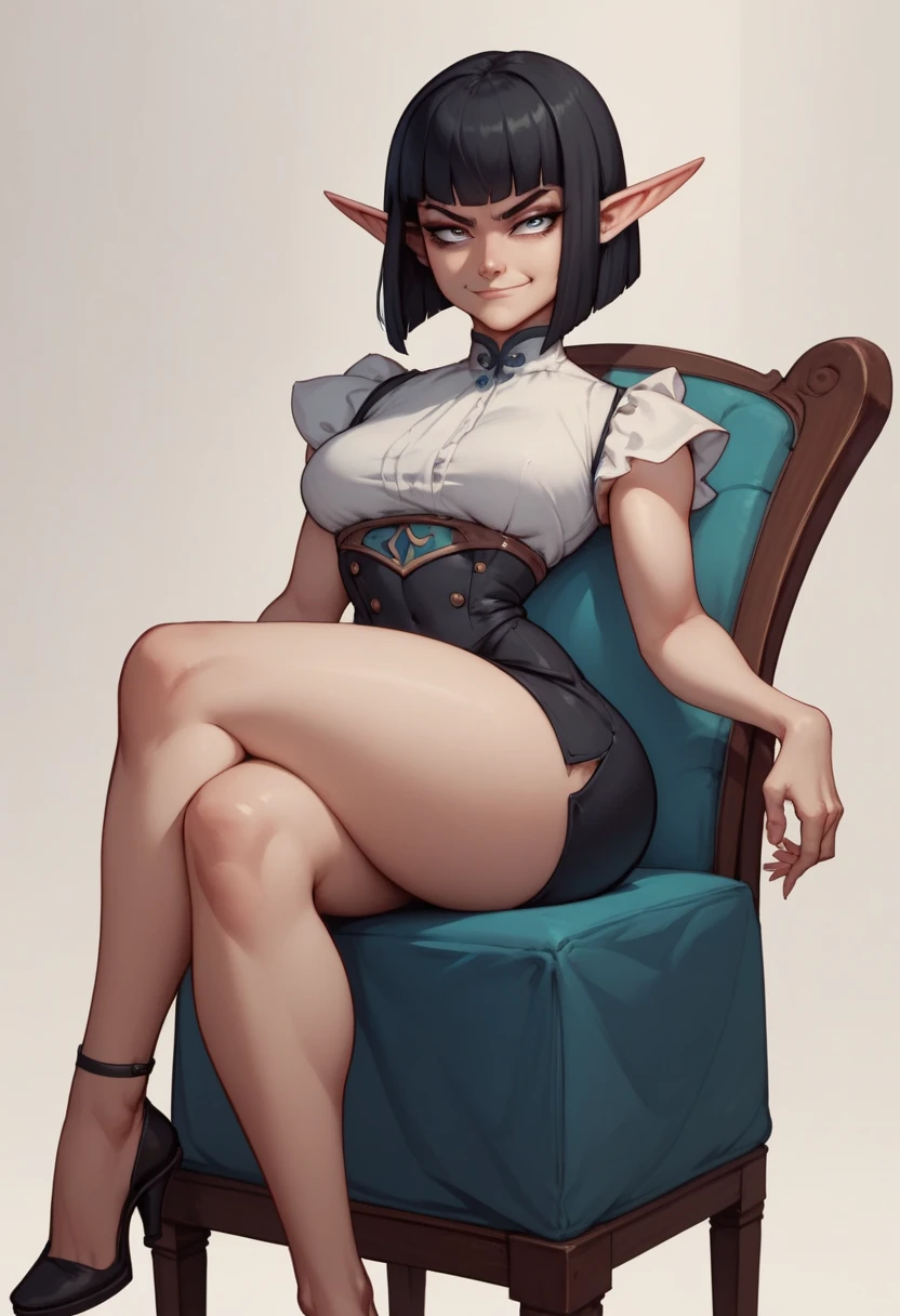 score_9_presence, score_8_up, score_7_up, 1female elf sits on chair, legs crossed, really narrow eyes, hime cut, short hair, black hair, scowl, smug smirk, wide upper body, thick hip, strong legs, (simple background)