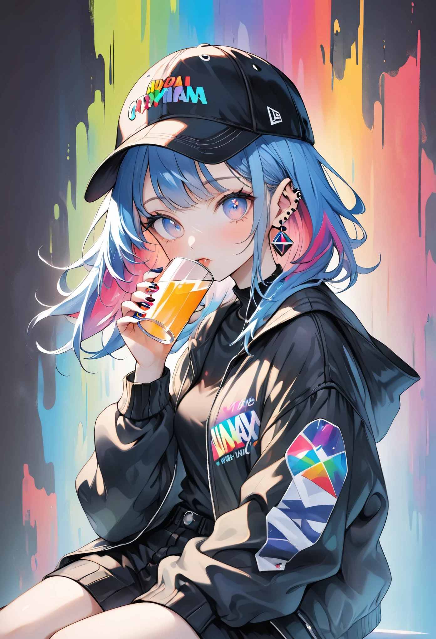 anime girl, pop art, colorful polka dot background,
bold graphic text, crystal,vivid blue hair,baseball cap, casual streetwear, oversized jacket, drinking from glass, sitting pose, minimalistic background, gothic vibe, multiple earrings, relaxed expression, multi vivid color nails, subtle lighting, modern urban style, edgy fashion, 