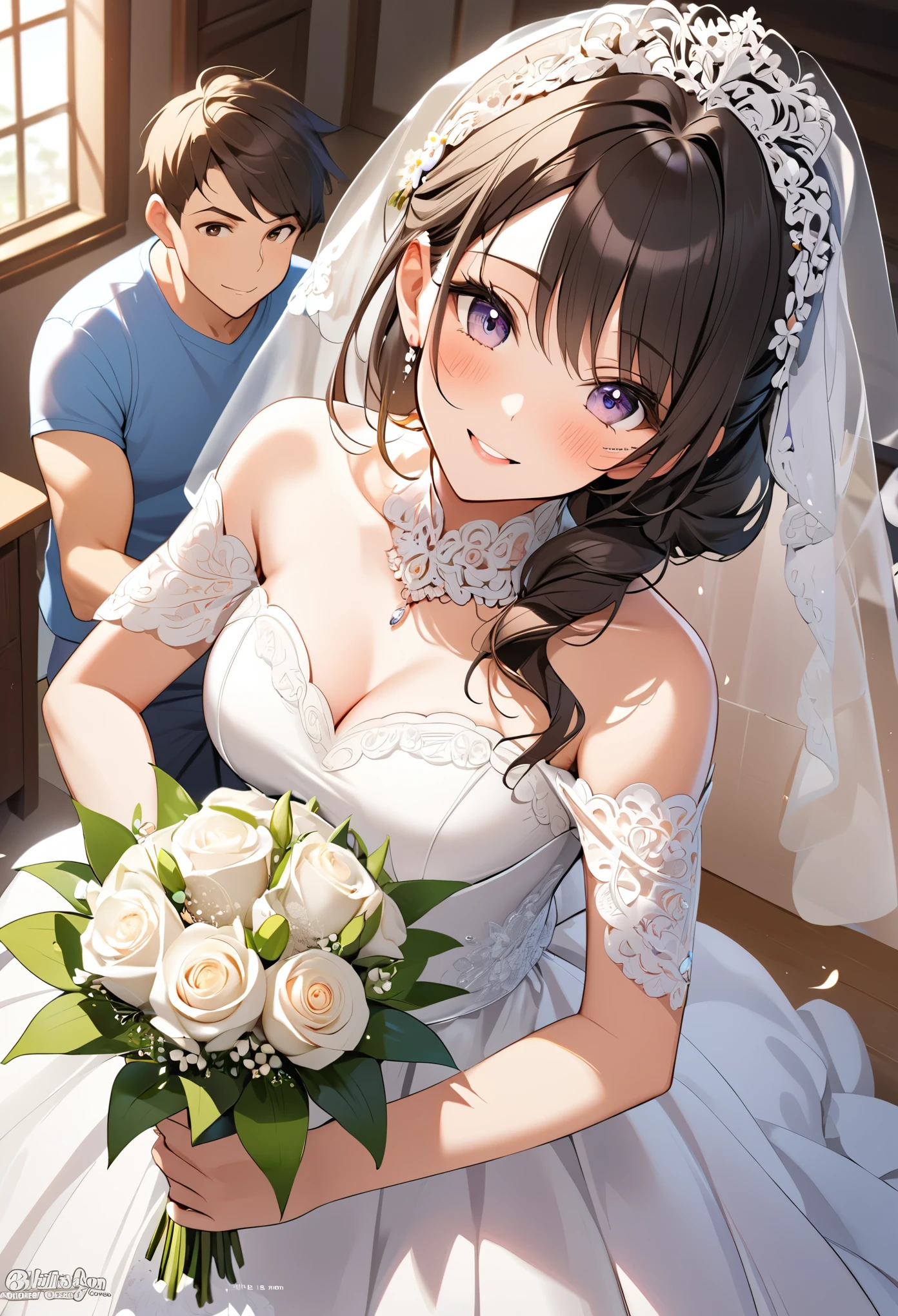  1 girl,Girl is bride , the girl is the mom of 5 boys ,Girl&#39;s beautiful flowing hair, beautiful detailed eyes, perfect body , perfect face, semi-long hair, the beautiful Japanese mom from the 40 year old anime,Glamorous reception party 