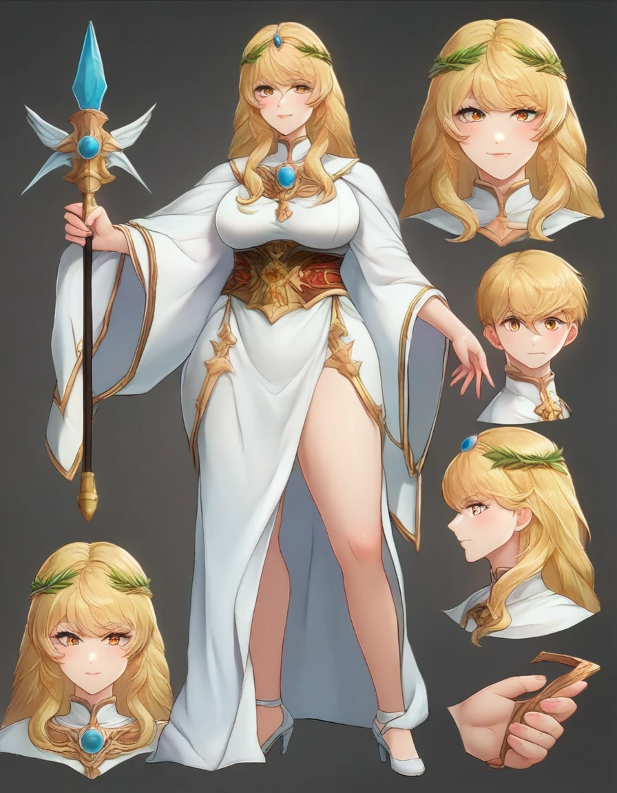 19 yo, (teen Sugar girl), (anime girl with long blonde straight smooth hair braidstrands and curtain-bangs:1.5), a saint/shield-bearer white-gold bareshoulders dress, simple golden-circlet, a priestess with amber eyes, anime moe artstyle, waifu, (mature woman with lean perfection abdomen:1.5), sweet sweet mommy's expression, blushing confident, (Droopiest Gigantic Largest), (1 arm behinds head - swaying hair), Curvy body, legs apart, (holding a Saint Staff on one hand and a Holy Shield on another hand:1.2), BREAK, simple white background, side view full body shot, (Smooth shading), subtle highlights, warm & soft pallette, polished painterly look, moe anime-style final fantasy brave exvius wars of the vision digital artstyle, character illustration style, character sheet, 2.5D, 128K UHDR Best Quallity