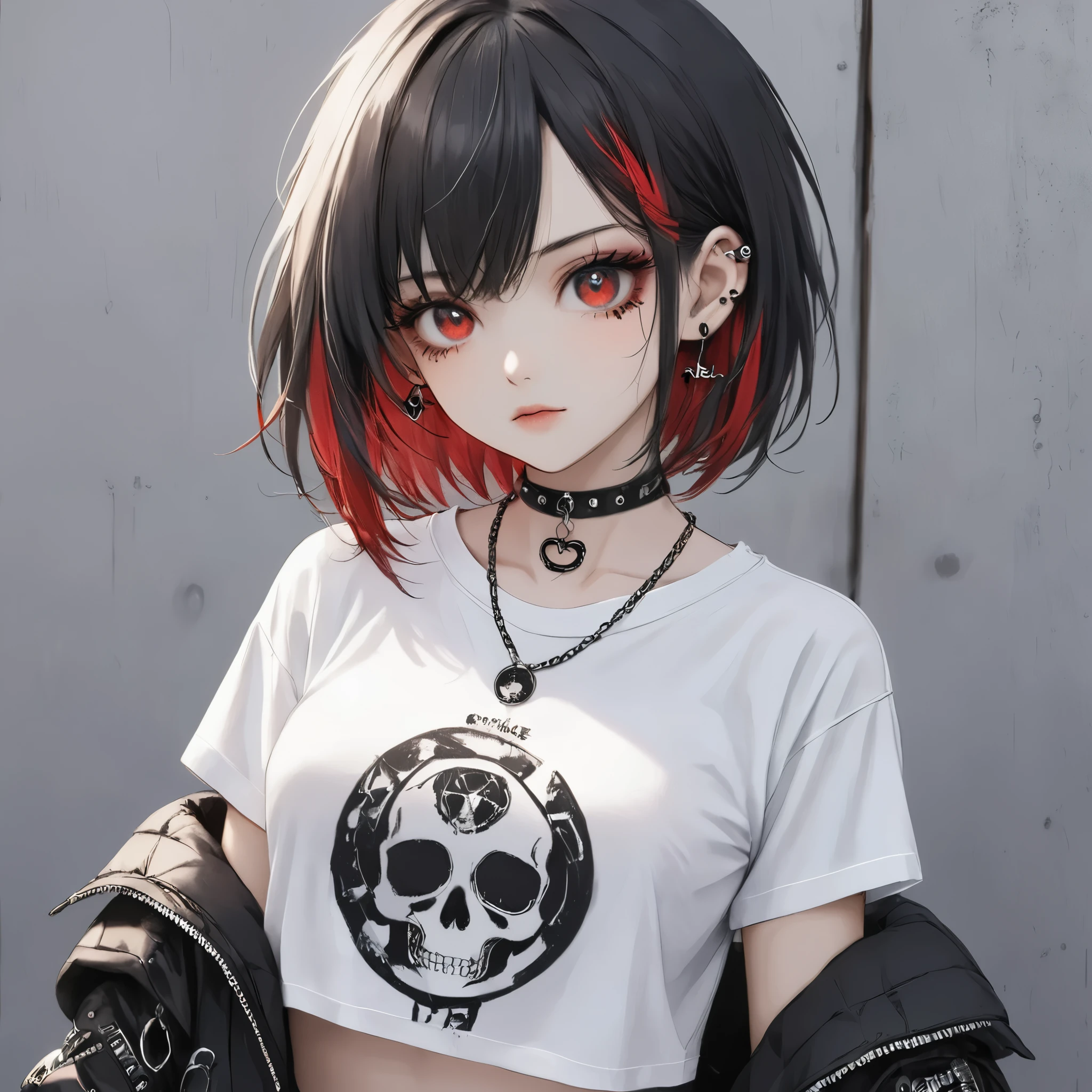 dark gothic punk style, edgy anime girl, messy black hair, red eyes, black choker with pendant, skull graphic t-shirt, chain necklace, multiple ear piercings, fishnet sleeve, dark aesthetic, rebellious expression, grunge fashion, red and black color scheme, gothic vibe, confident look, streetwear, modern punk fashion, intense gaze, alternative style, anime art