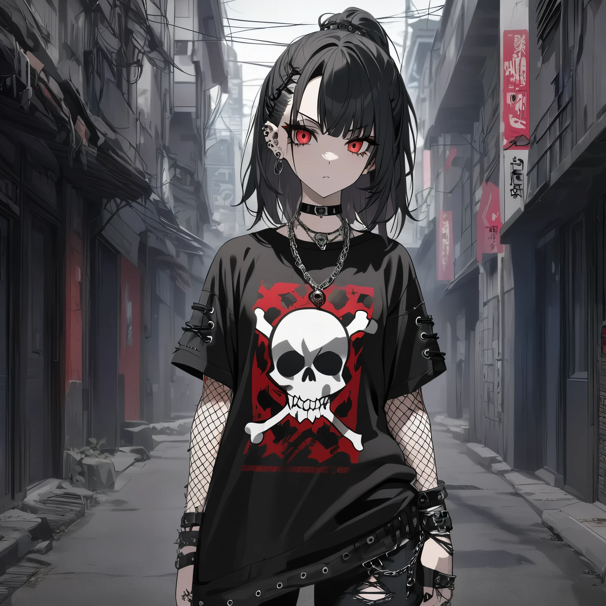 dark gothic punk style, edgy anime girl, messy black hair, red eyes, black choker with pendant, skull graphic t-shirt, chain necklace, multiple ear piercings, fishnet sleeve, dark aesthetic, rebellious expression, grunge fashion, red and black color scheme, gothic vibe, confident look, streetwear, modern punk fashion, intense gaze, alternative style, anime art