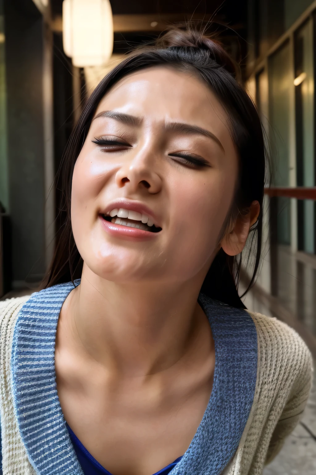 Beautiful Japanese actresses、1 girl,Flying debris,,Award-winning photo, Very detailed,Face Focus, Big double eyes(Woman with open mouth and closed eyes ), Age 35、Black Hair、Shiny skin、(((Face close-up)))、Realistic nostrils、Long and narrow nasal cavity,,,、Emergency stairs in an apartment, Staircase landing,((Outdoor fire escape staircase,))Squat、((Random color open cardigan))、Big Breasts、(Sharp Nose)Frowning performance:1.4,,performance,Frowning,please raise your head、Skin shiny with sweat,Oily facial skin,Tied Hair,Squatting and giving a blowjob,female teacher,Squatting in the hallway、Squat、50 degree hot room、Skin shiny with sweat、Wet transparent fabric,Sweaty all over my face,A face enduring intense pain、Screaming face,Open your mouth wide and shout,