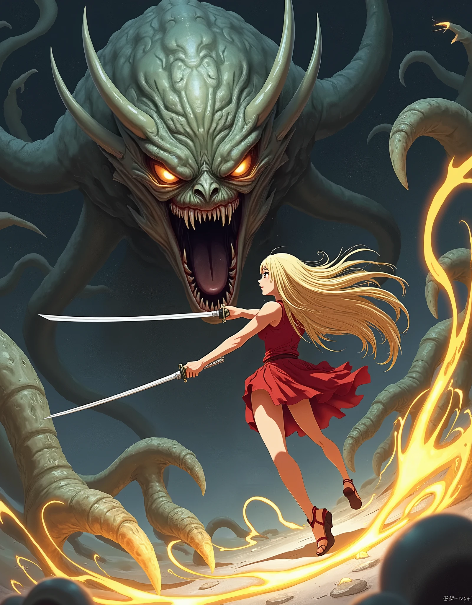  looks from front and side : Anime style girl,  with big breasts with long blond flowing hair , , jumping strongly, cuts the scary tentacle monster in half with a Samui katana ( the monster right in front of her ,looks at the monster ), a yellow-gray monster squirts to the sides ,Maximum Details,beautiful girl,Pnime style,