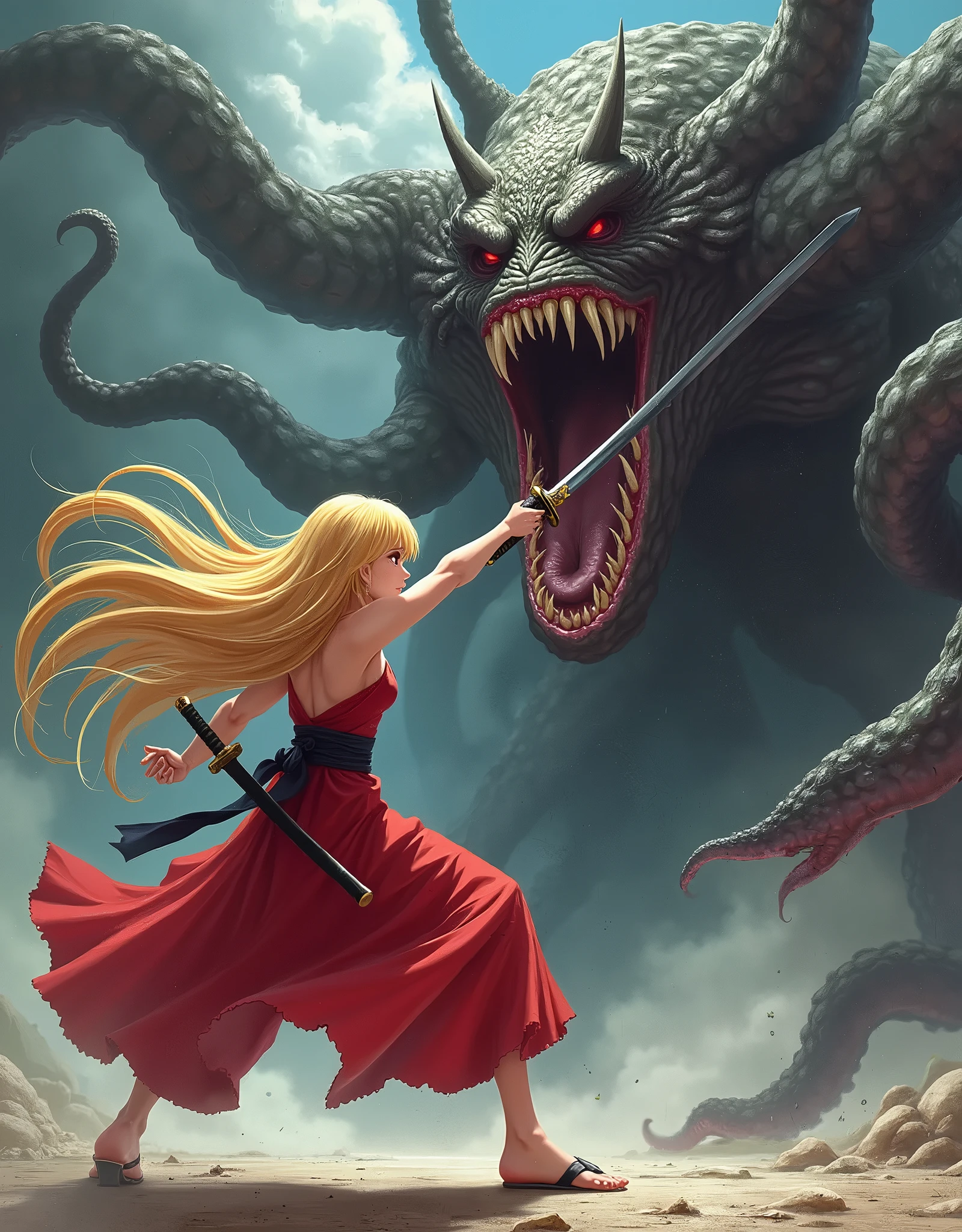  looks from front and side : Anime style girl,  with big breasts with long blond flowing hair , , jumping strongly, cuts the scary tentacle monster in half with a Samui katana ( the monster right in front of her ,looks at the monster ), a yellow-gray monster squirts to the sides ,Maximum Details,beautiful girl,Pnime style,