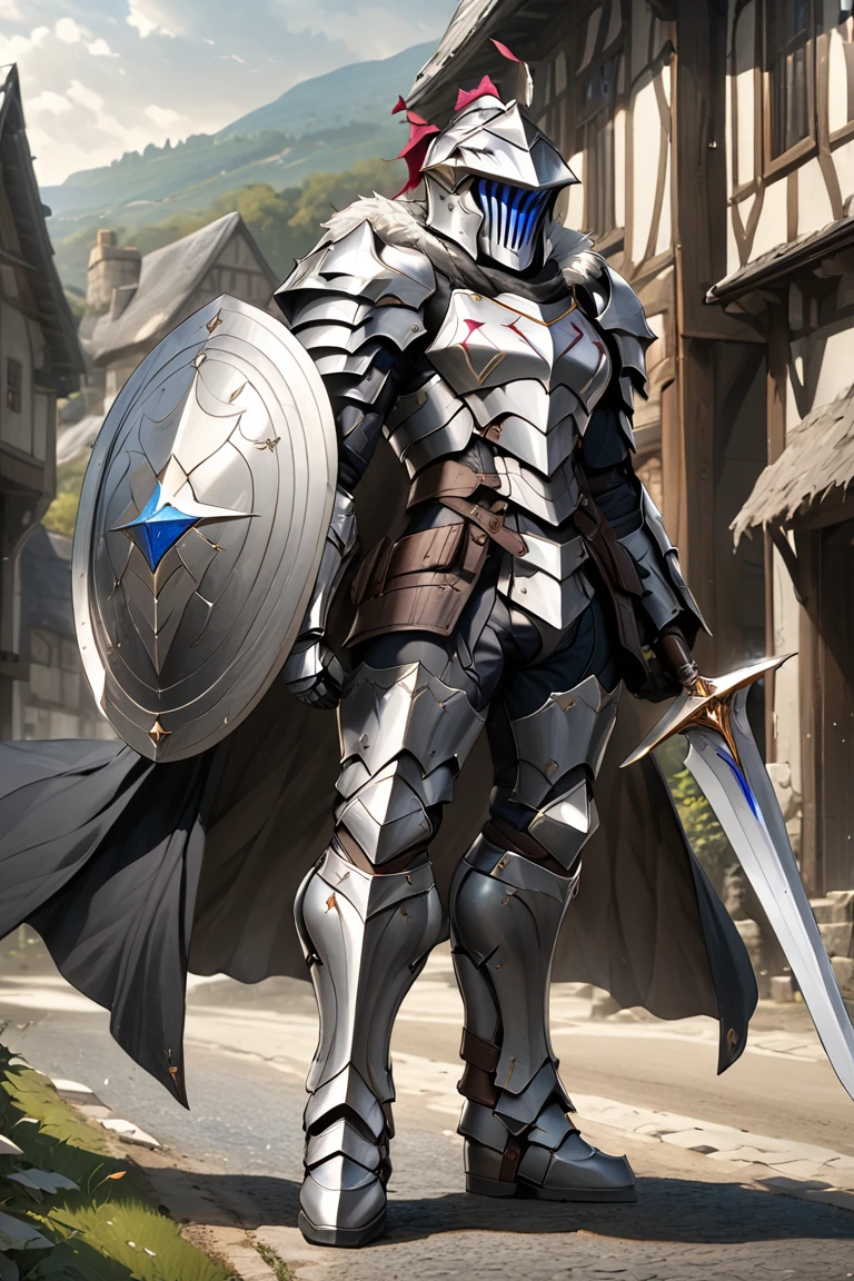 man,  Fairy Slayer , Holy Knight,Wears heavy armor(White Gold),Holding a shield,,Fur collar , black cape background on village and country road, Full Body View , man,  Very detailed,  high detail