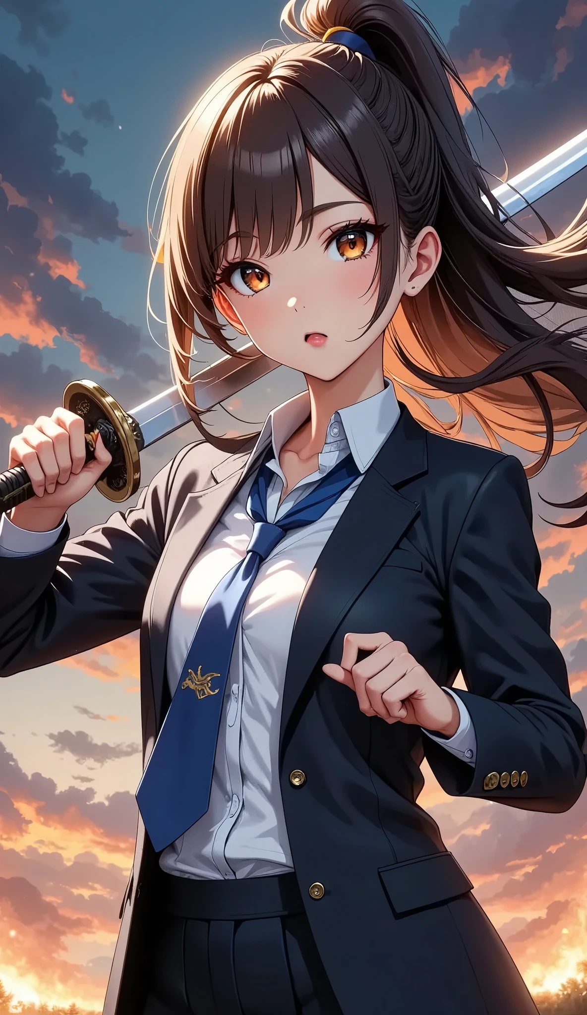 a beautiful young school girl holding a shining japanese sword, school girl in blazer uniform, action pose, (best quality,4k,8k,highres,masterpiece:1.2),ultra-detailed,(realistic,photorealistic,photo-realistic:1.37),extremely detailed eyes and face,longeyelashes,detailed school uniform,detailed japanese sword,dramatic lighting,cinematic,epic,dynamic composition,vibrant colors,dramatic atmosphere