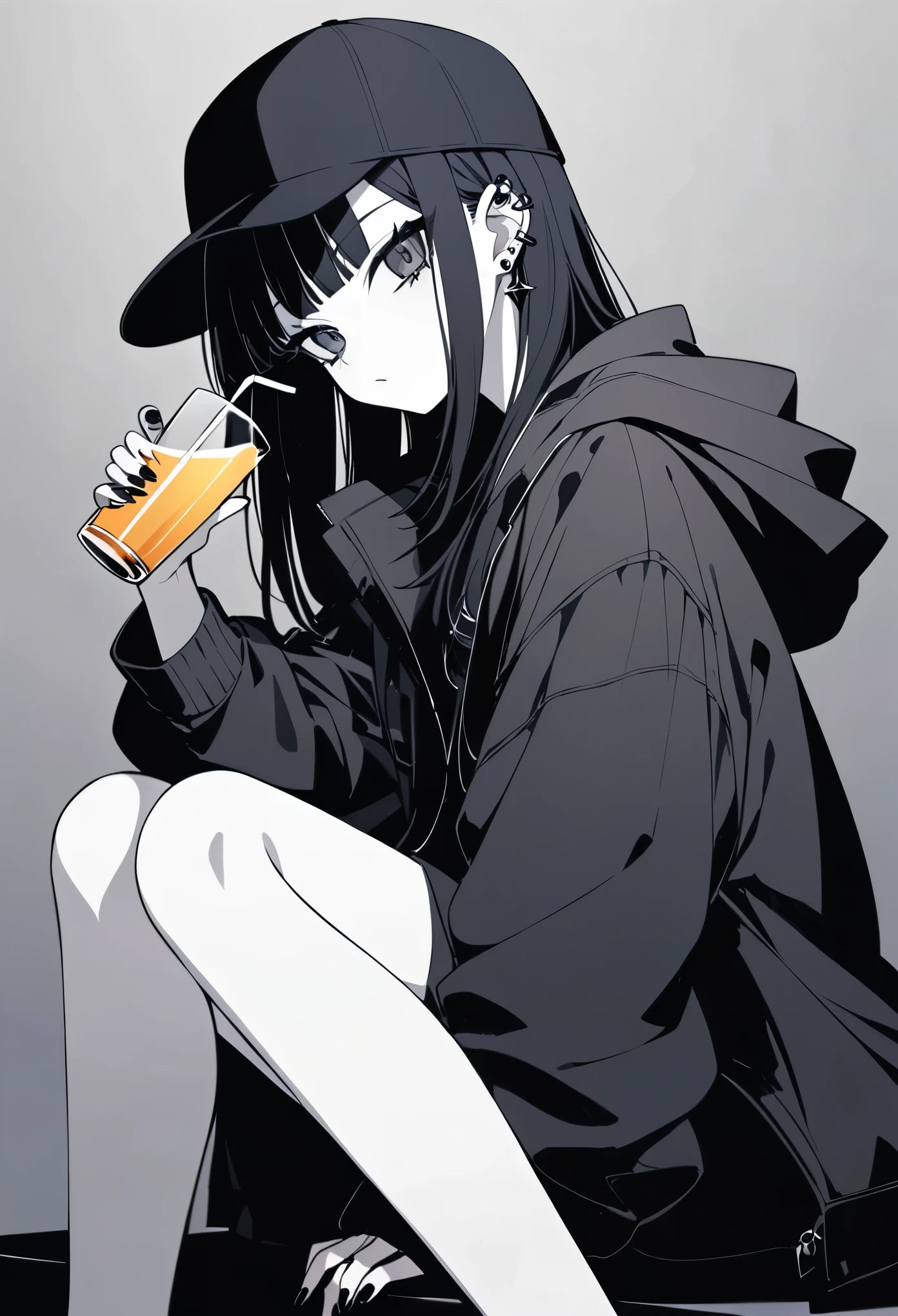 anime crystal girl, dark gothic, monochrome color scheme, long dark hair, black baseball cap, casual streetwear, oversized jacket, drinking from glass, sitting pose, minimalistic background, gothic vibe, multiple earrings, relaxed expression, black nails, subtle lighting, modern urban style, mysterious atmosphere, cool aesthetic, edgy fashion, soft shadows, dark ambiance