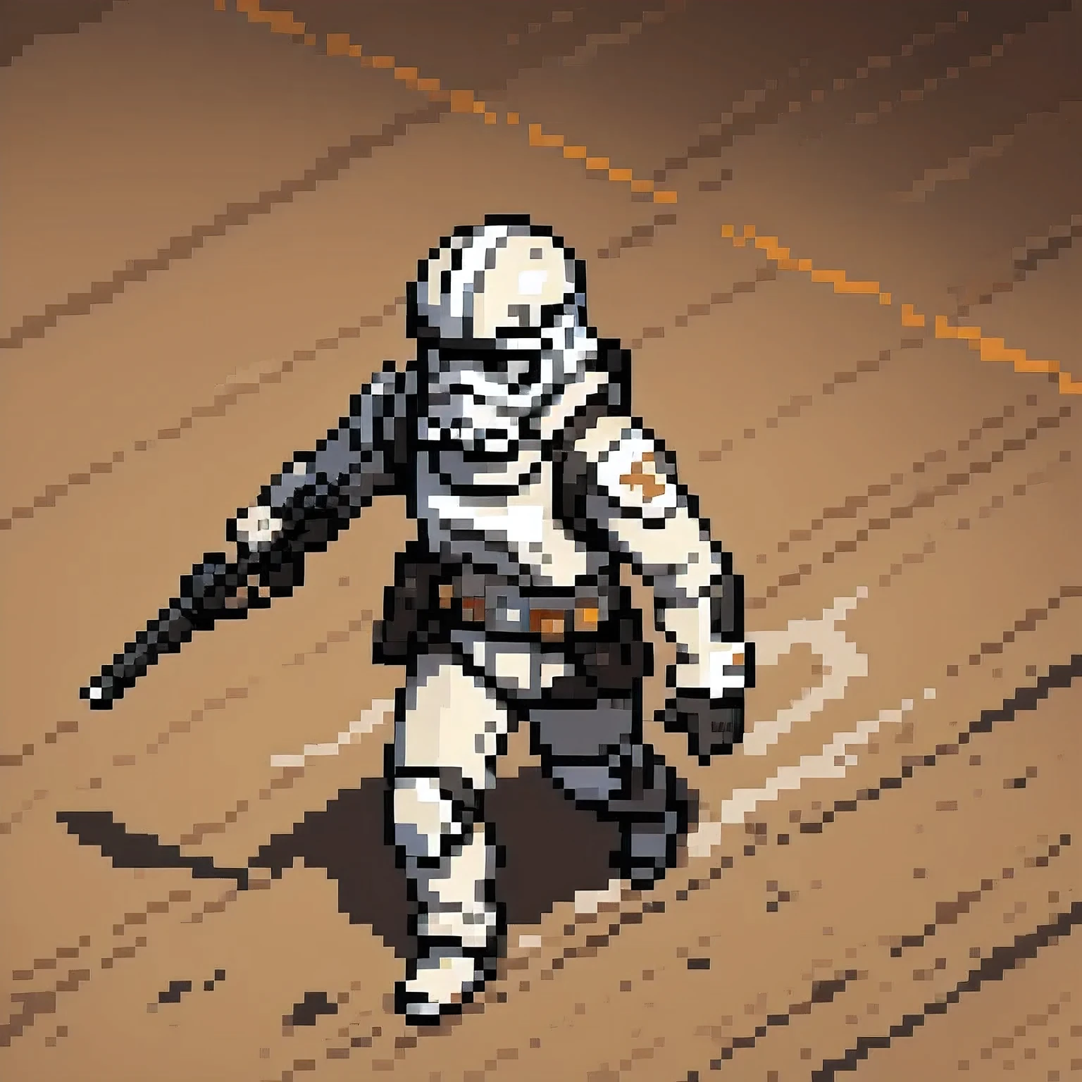 Katana吗,Miniature photograph of a Stormtrooper with Star Wars weapon walking through the desert leaving footprints in the sand cinematic dramatic lighting, blurred desert background.