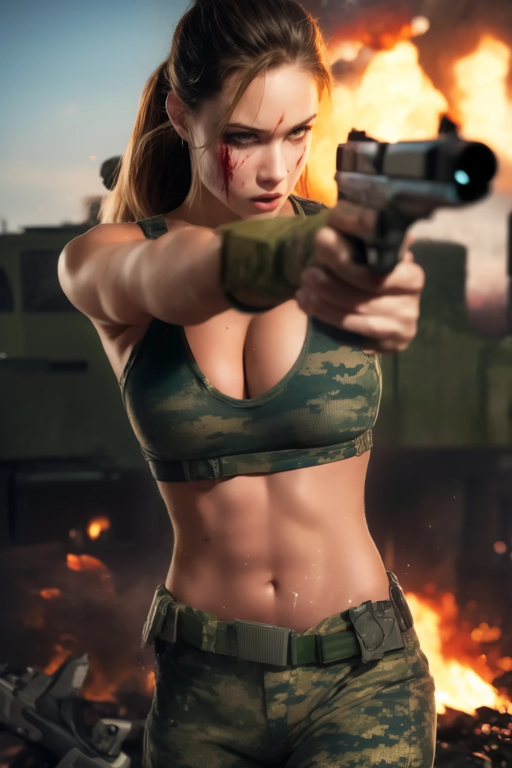 19 year, old, Brazilian girl,   tanned bronze skin, wearing USA marine corps uniform, fighting on the battlefield, strong muscles, world war, modern war theme, army girl, rifle, (holding a pistol: 1.3), (aiming and holding pistol: 1.3), gun fire, soldier girl, ry girl, shootout, air raid, air strike, military, camouflage uniform, burning vehicle, warzone, battlefield, war, ruins, explosion, burning city, smoke, torn tank top, belly button, gloves, torn military pants, face stained with mud and blood, sweaty skin, bloody skin, mud-stained skin, small, cleavage, expression of determination, rigorous expression, highest quality, ultra-high resolution, absurdity, realistic, physically based rendering, cinematic lighting, complex and cinematic appearance, cinematic soft light, soothing tone, battlefield background, urban war background, photorealistic, cowboy shot, dynamic angle