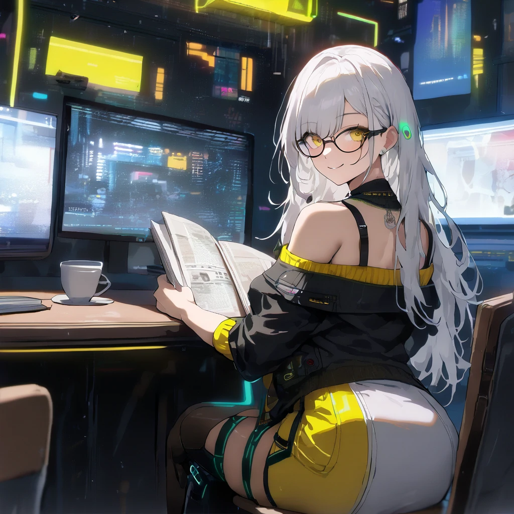 She has a book labeled “Sea Art.AI, Off-Shoulder, smile, Meeting, 1girl, solo, long hair, white hair, masterpiece, best quality, very aesthetic, absurdres, bangs, Lots of monitoring, lots of work, glasses,The digital newspaper is unfolded and read, Stylish cafe, (cyberpunk:1.4), yellow eyes,