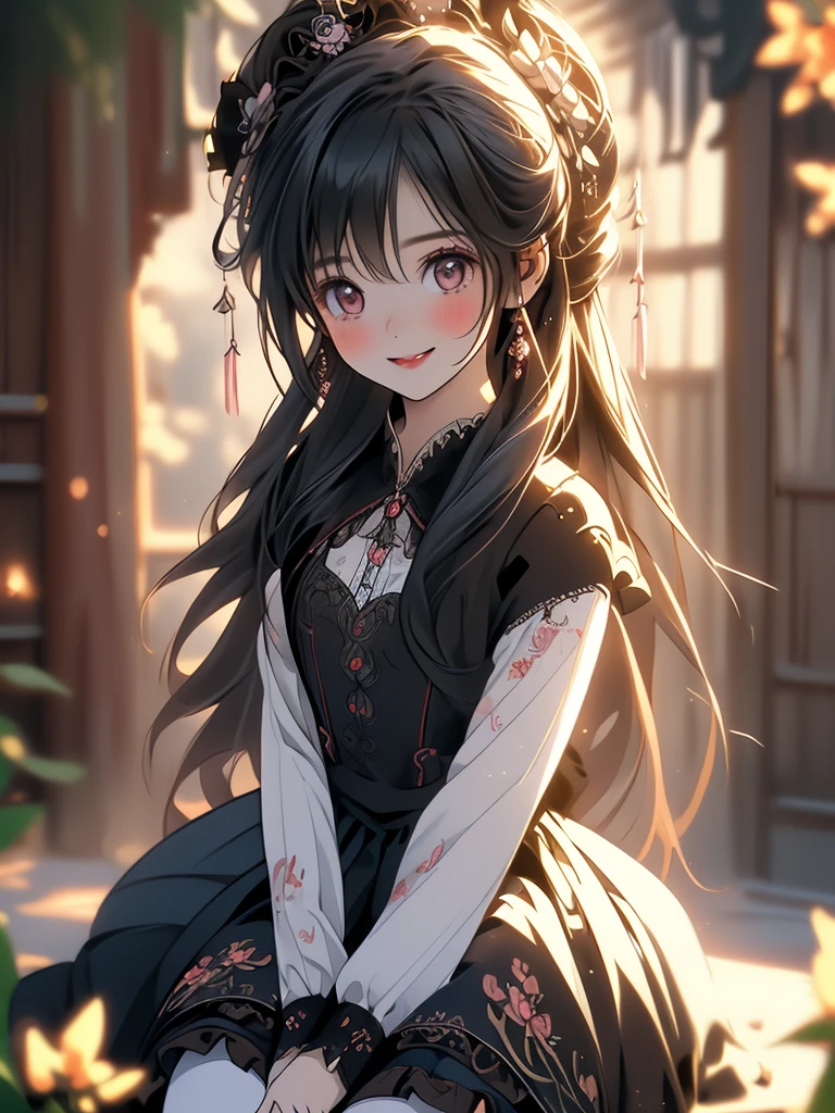 (Solo, 1 ), bashful, pale lips, smile, 
An extremely cute boy, 
Beautiful hair, long hair, black hair, hair flower, 
Jewelry, earrings, 
Beautiful detailed black Gothic Lolita style outfit, Many ruffled skirt, Beautiful detailed embroidered skirt, black tights, 
(8K,4K,Ultra High Quality,Super Detailed,Super Beautiful CG,Super fine illustration, A highly detailed illustration,Best quality:1.3), (Outline), (Light particles:1.2), (Lens Flare:1.2) , 
sitting, 