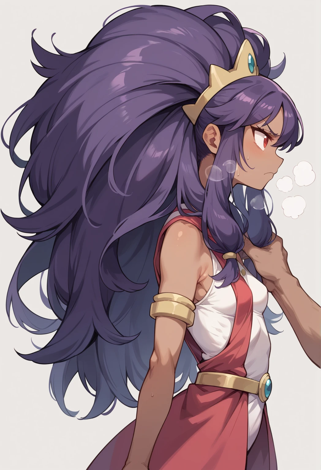 Best Quality, Masterpiece, ultra high resolution, iris \(pokemon\), purple hair, long hair, red eyes, dark skin, big hair,small breasts,  BREAK  1girl,1boy,hand on another's shoulder , heavy breathing, frown, light-skinned male, standing side by side
