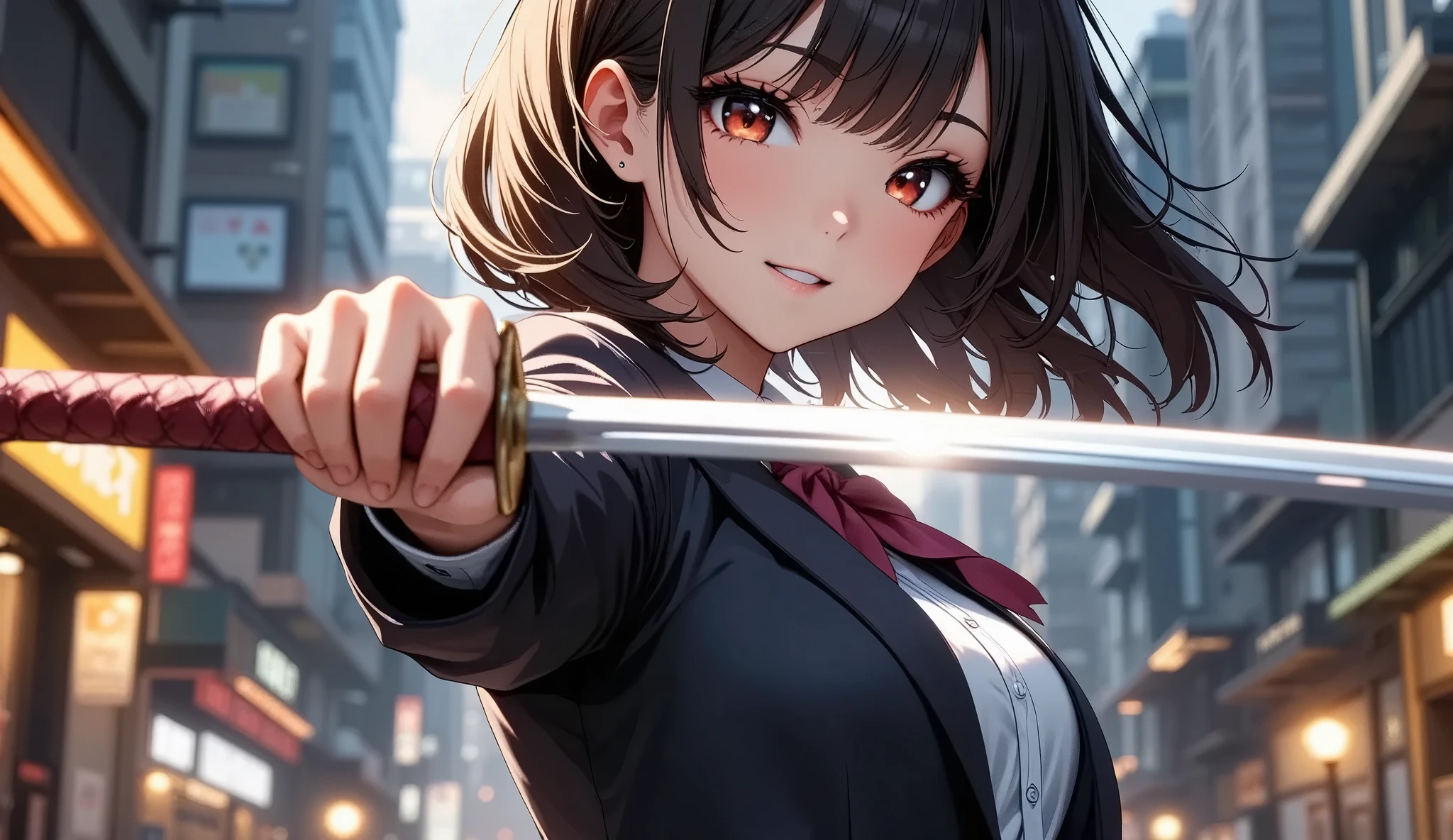 a beautiful young school girl holding a shining japanese sword, school girl in blazer uniform, action pose, (best quality,4k,8k,highres,masterpiece:1.2),ultra-detailed,(realistic,photorealistic,photo-realistic:1.37),extremely detailed eyes and face,longeyelashes,detailed school uniform,detailed japanese sword,dramatic lighting,cinematic,epic,dynamic composition,vibrant colors,dramatic atmosphere