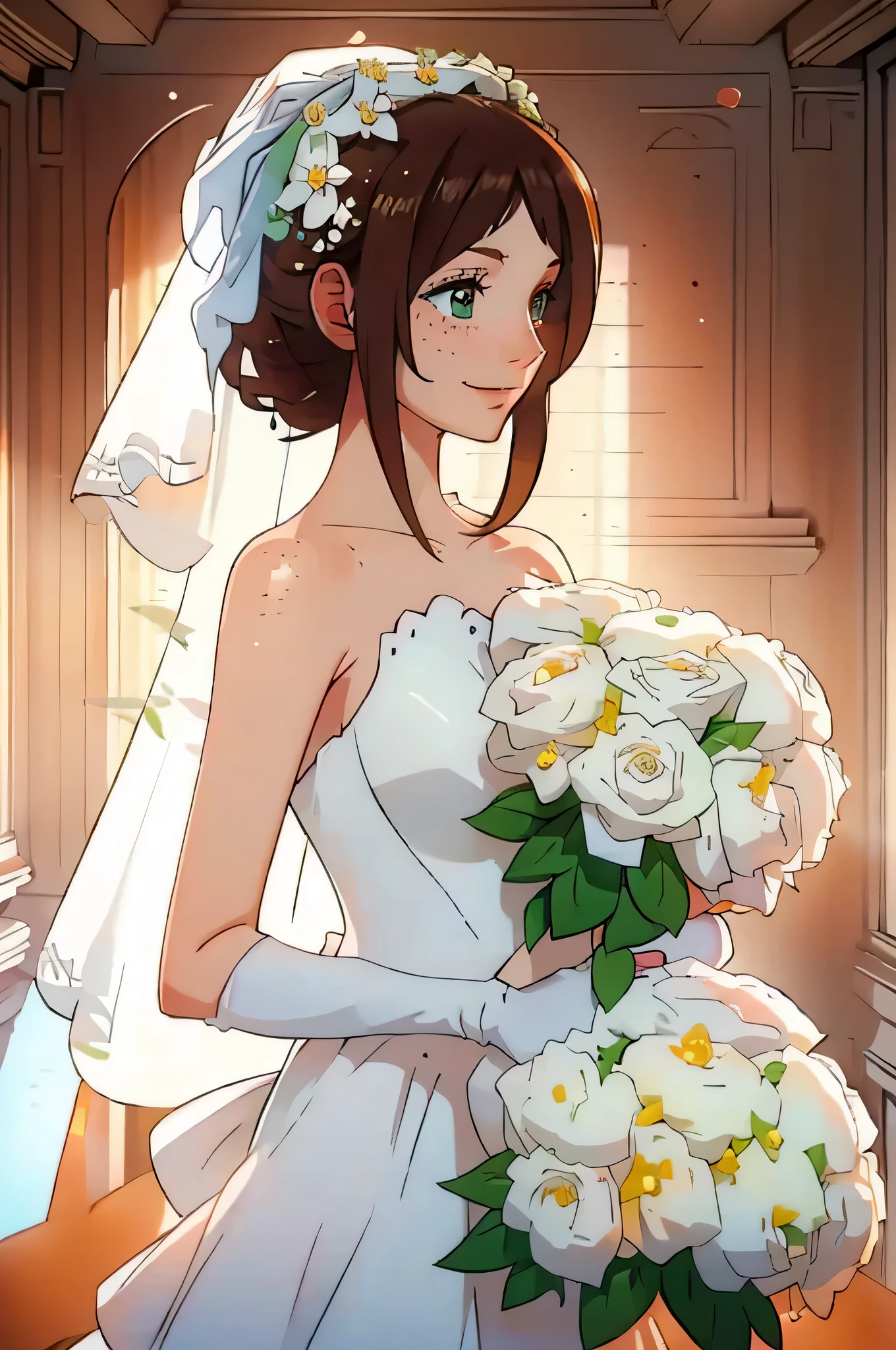 A young woman with brown hair, green eyes and freckles, smiling softly. She is wearing a white wedding dress and a white veil, holding a bouquet of white flowers. The light in the environment highlights her, creating a warm glow around her, contrasting with the darker, semi-shadowed background. Her expression is joyful and serene, with a sense of elegance and peace. The atmosphere feels intimate and romantic, with soft lighting that enhances the beauty of the scene.