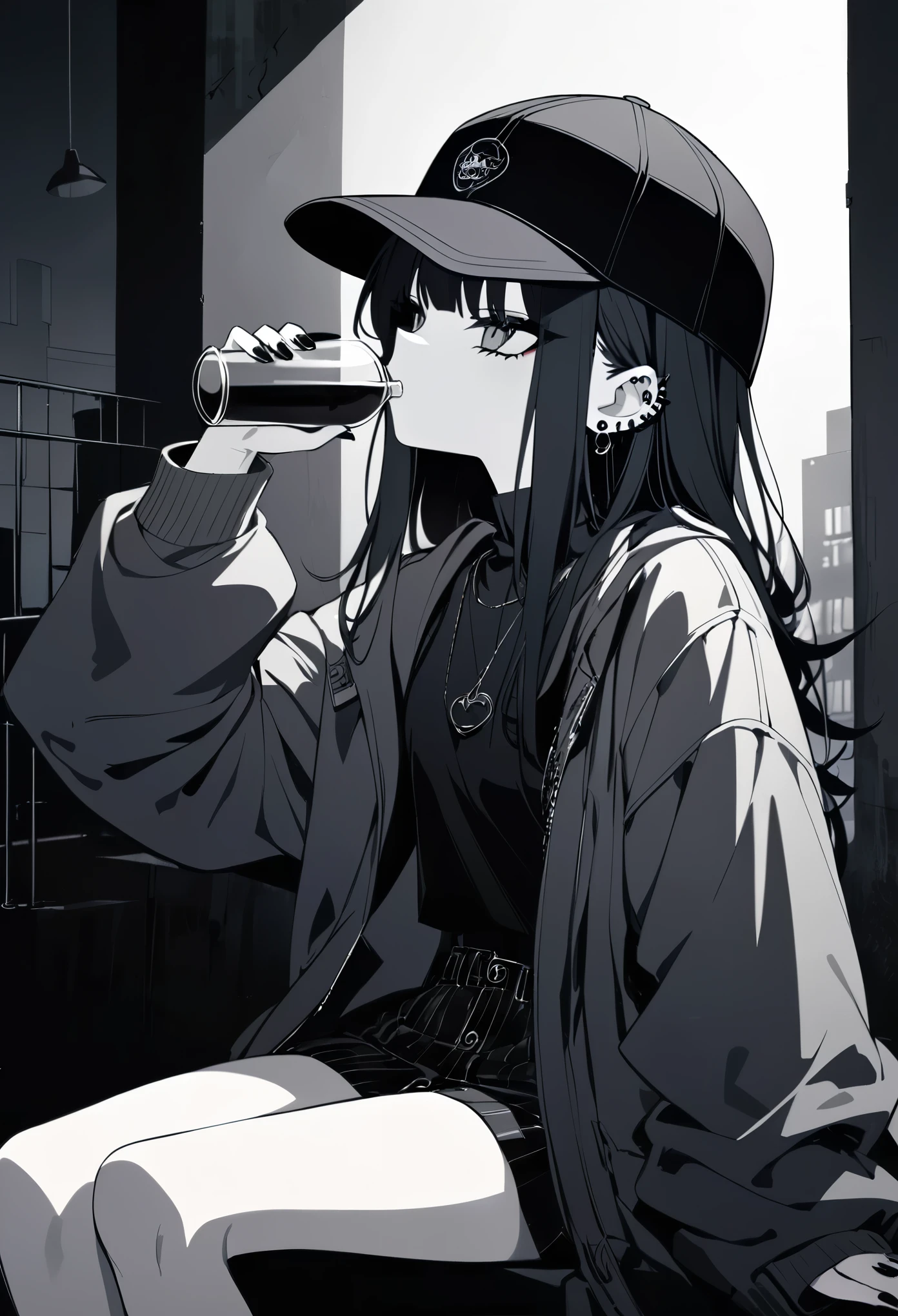 anime girl, dark gothic,monochrome color scheme, long dark hair, black baseball cap, casual streetwear, oversized jacket, drinking from glass, sitting pose, minimalistic background, gothic vibe, multiple earrings, relaxed expression, black nails, subtle lighting, modern urban style, mysterious atmosphere, cool aesthetic, edgy fashion, soft shadows, dark ambiance