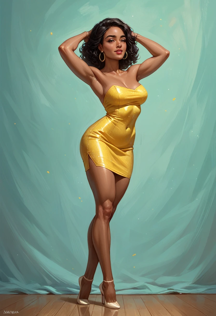 NSFW, erotic, perfect body, sexy, best quality, clear quality, high quality, 4K, 8k,  sexy woman ,  of a dark-skinned Latina, long dark hair , 1 girl face . dating scene,  is in the dance studio , in the , , the dance room ,  in a Latin American dance dress, yellow latin dress, just standing, talks,  art,,  full length, hands down 