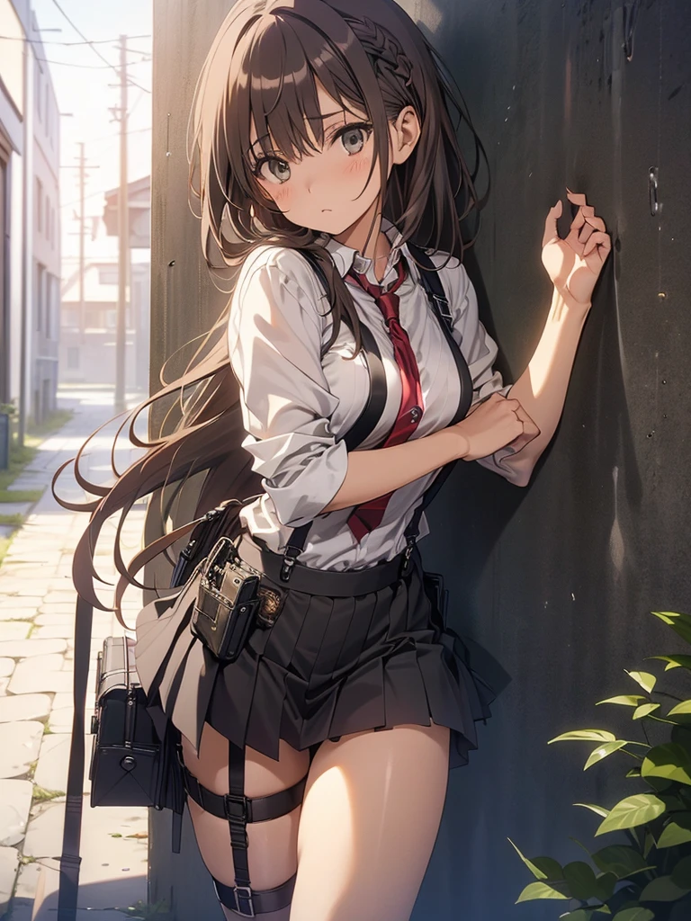 Brown hair、watching at viewers　　　black suspenders　　　Bulging big breasts　　 　 　　　walls: 　Black miniskirt　garters　　　　　　Gaze　　　Small face　bangss 　　　holster　　　Beautuful Women　　hands up　　レッグholster ベッドに横たわる　　Gaze 　black boots panty shot　provocation　flank　flank汗　soio 　arm
