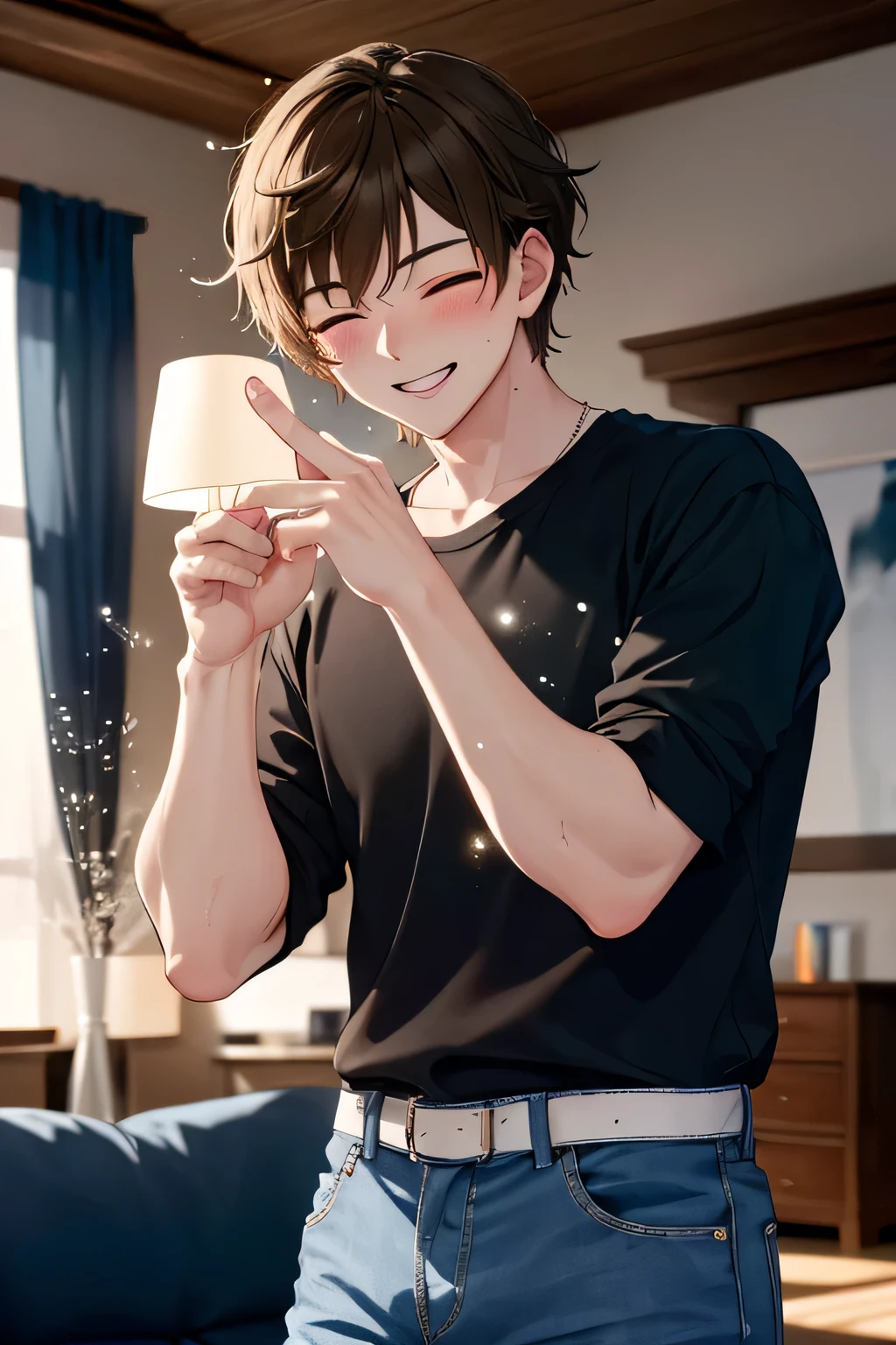 Masterpiece, Best Quality, Hi-Res, source_anime, (good_hands:0.9) , 1man, eyes closed, brown short hair, black shirt, blue jeans, stand up, close up, High Contrast Glossy Oily Skin, living room, blushing, smile, dramatic shadows, cinematic lighting, (light particles:1.3)