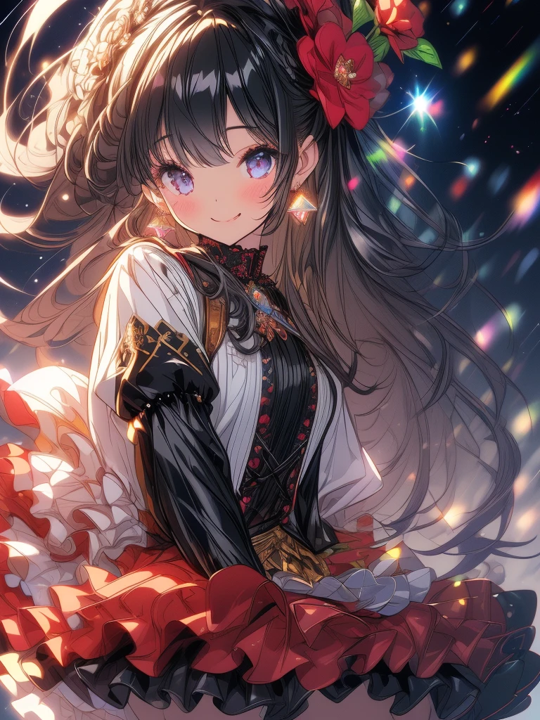 (Solo, 1 ), bashful, pale lips, smile, 
An extremely cute boy, 
Beautiful hair, long hair, black hair, hair flower, 
Jewelry, earrings, 
Beautiful detailed black Gothic Lolita style outfit, Many ruffled skirt, Beautiful detailed embroidered skirt, black tights, 
(8K,4K,Ultra High Quality,Super Detailed,Super Beautiful CG,Super fine illustration, A highly detailed illustration,Best quality:1.3), (Outline), (Light particles:1.2), (Lens Flare:1.2) , 
sitting, full body shot, 