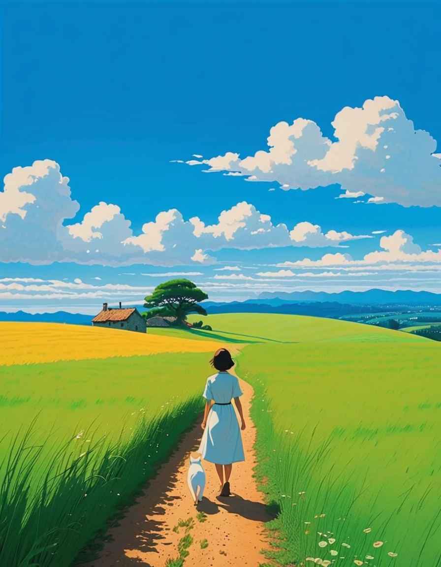 (minimalism:1.4), woman and a cat, Studio Ghibli art, Miyazaki, pasture with blue sky and white clouds