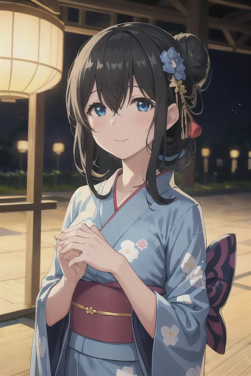 sagisawa fumika,  1 girl, Japanese clothing, kimono, Alone,  blue eyes, Hair Flowers,  hair ornament , flower, smile, blue kimono,  watching viewers , Floral print, Fortune slip, sash,  Black Hair ,  wide sleeve, Hair Bun, heart, single Hair Bun, Blurred background, , Blurred, holding, print kimono,  hair between eyes , bangs,  long sleeve ,  automaton anal rape , breast, Blue Flower,  side lock,  upper body,  holding paper ,  Depth of Field , Yukata