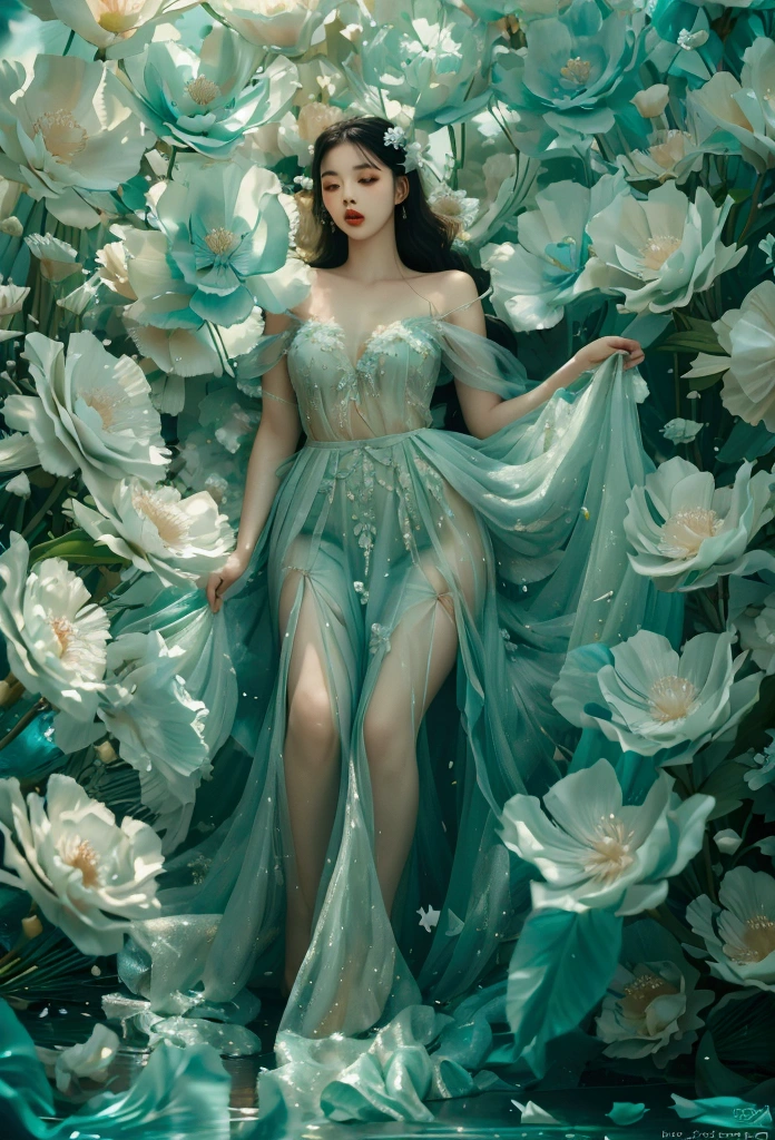 A beautiful woman stands gracefully among large, soft teal and white flowers. She wears a flowing, sheer teal gown with delicate details, exposing her shoulders and showing a slight slit in the skirt. The scene is ethereal, with a dreamy and soft light filtering through, creating a mystical atmosphere. Her hair is styled in loose waves, adorned with small flowers, and she has a gentle, elegant expression. The setting is lush, filled with oversized petals and leaves, enhancing the surreal, fairy-tale quality of the scene.