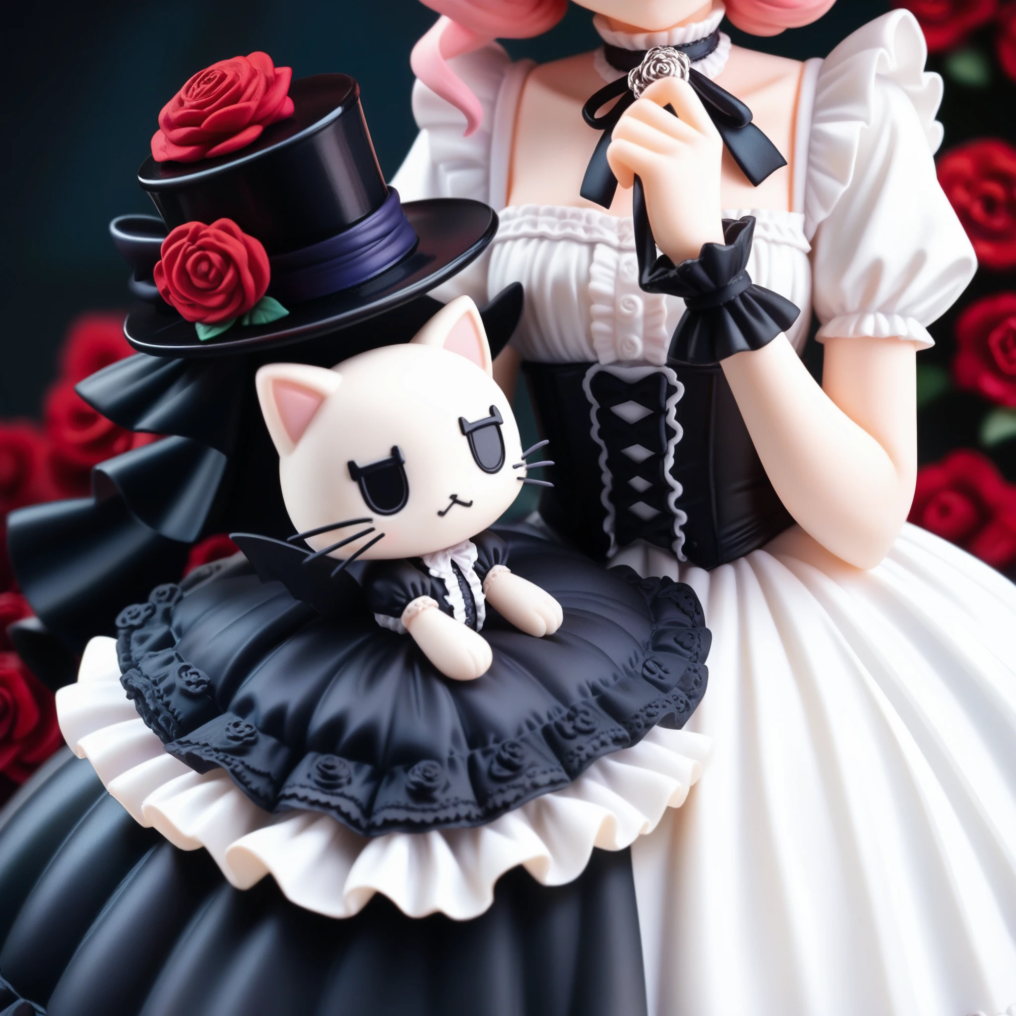 dark gothic,pastel,gothic lolita fashion, twin girls, one in white dress, one in black dress, intricate lace and frills, victorian-inspired attire, holding large roses, cute gothic dolls, black cat with top hat, white cat with hat, pastel color scheme, elegant and detailed outfits, soft expressions, contrasting dark and light themes, vintage frame, whimsical atmosphere, fantasy style, kawaii aesthetic, delicate accessories, magical vibe