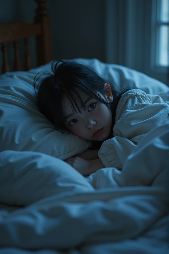 (((full body))), (((10 year old girl))), (((in dark cabin at night))), (((tired girl lying on bed))), Japanese, cute, dark hair, bobbed hair, (((faint lamp lighting))), straight face, no smile, uneasy expression, trainers and super mini skirt, horror movie scene, (((scary drama))) horror drama, high resolution, detailed drawing, award-winning, highest resolution, realistic, raw photo, 8K wallpaper