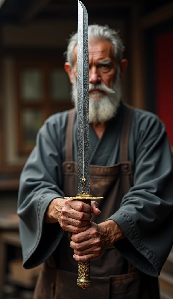 , a detailed high-definition studio photo , an elderly 14th century Asian blacksmith ,with a beard, in a dirty blacksmith's leather apron ,, hands us a wonderful katana into our camera (, holding it parallel to the ground with both hands ( a samurai katana  ( a katana of incredible workmanship , Damascus steel with a frost pattern ,  gilded on the guard and handle ,) photorealism, against the background of ancient Japanese forges of the 12th-13th century , an ancient Japanese blacksmith of the 13th century ,old Japanese Cooney hands a katana to the camera,