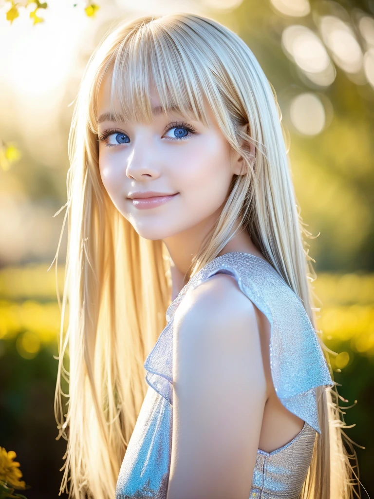 Extremely Beautiful Young First 々 A -yeld Exordinary Beautiful Girl with an Innocent Face 、 Beautiful Beautiful Girl with a Very Beautiful, Sparkling, Bright Platinum Blonde Girl 、 cute,Crazy for love, Face focus , Frilled Summer Dress, Scandinavian bright blonde girl, bangs、目の間のbangs、目にかかるbangs、super long bright shining blonde、Low Contrast, ( Ha-Knee Smile :0.8),  There is cleavage in the chest,  Hair Scrunchie,   best quality ,  super high definition,  Realistic Pictures, Super detailed, 8K, Original photo,  Masterpiece 、 Very Beautiful, Shining Bright, Very Vivid Sky Blue, Very Big Eyes、 Dazzlingly Bright Very Beautiful Iris 、Very big eyes、white glossy skin 、 Cheek Gloss Highlights 、Small Face Girl、 eyeliner 、Blonde hair above the eyes、片Blonde hair above the eyes、目の間のbangs、Round face、両目の間のbangs、Shiny blonde hair that makes you want to touch、Prone