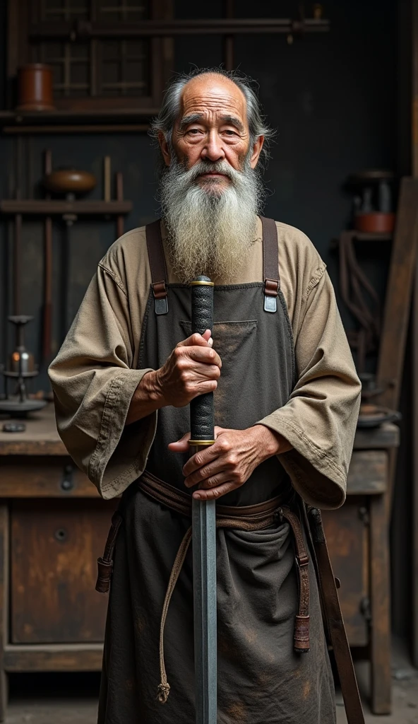 , a detailed high-definition studio photo , an elderly 14th century Asian blacksmith ,with a beard, in a dirty blacksmith's leather apron ,, hands us a wonderful katana into our camera (, holding it parallel to the ground with both hands ( a samurai katana  ( a katana of incredible workmanship , Damascus steel with a frost pattern ,  gilded on the guard and handle ,) photorealism, against the background of ancient Japanese forges of the 12th-13th century , an ancient Japanese blacksmith of the 13th century ,old Japanese Cooney hands a katana to the camera,