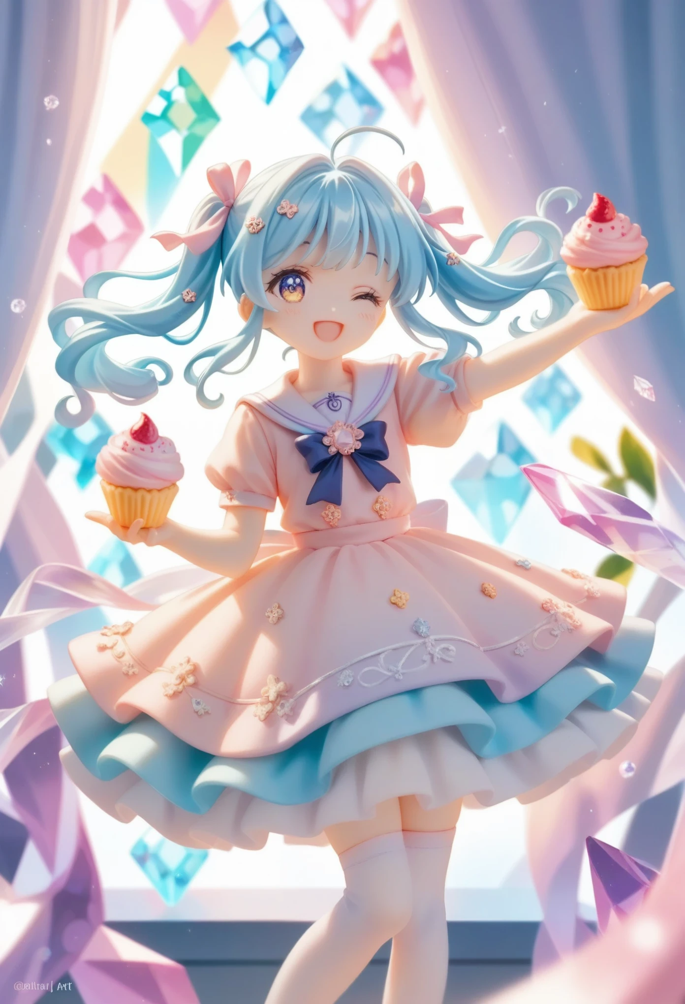 cute anime girl, crystal, pastel,
Low Fidelity (lofi) art style,
pastel pink and purple tones,
soft orange, twin-tails, mauve blue hair, school sailor, holding a cupcake, smile,one eye closed, intricate details, pastel colors, white stockings, elegant background with soft curtains, bright lighting, adorable pose, kawaii style, sweet and innocent vibe, delicate accessories, fantasy ambiance, soft glow